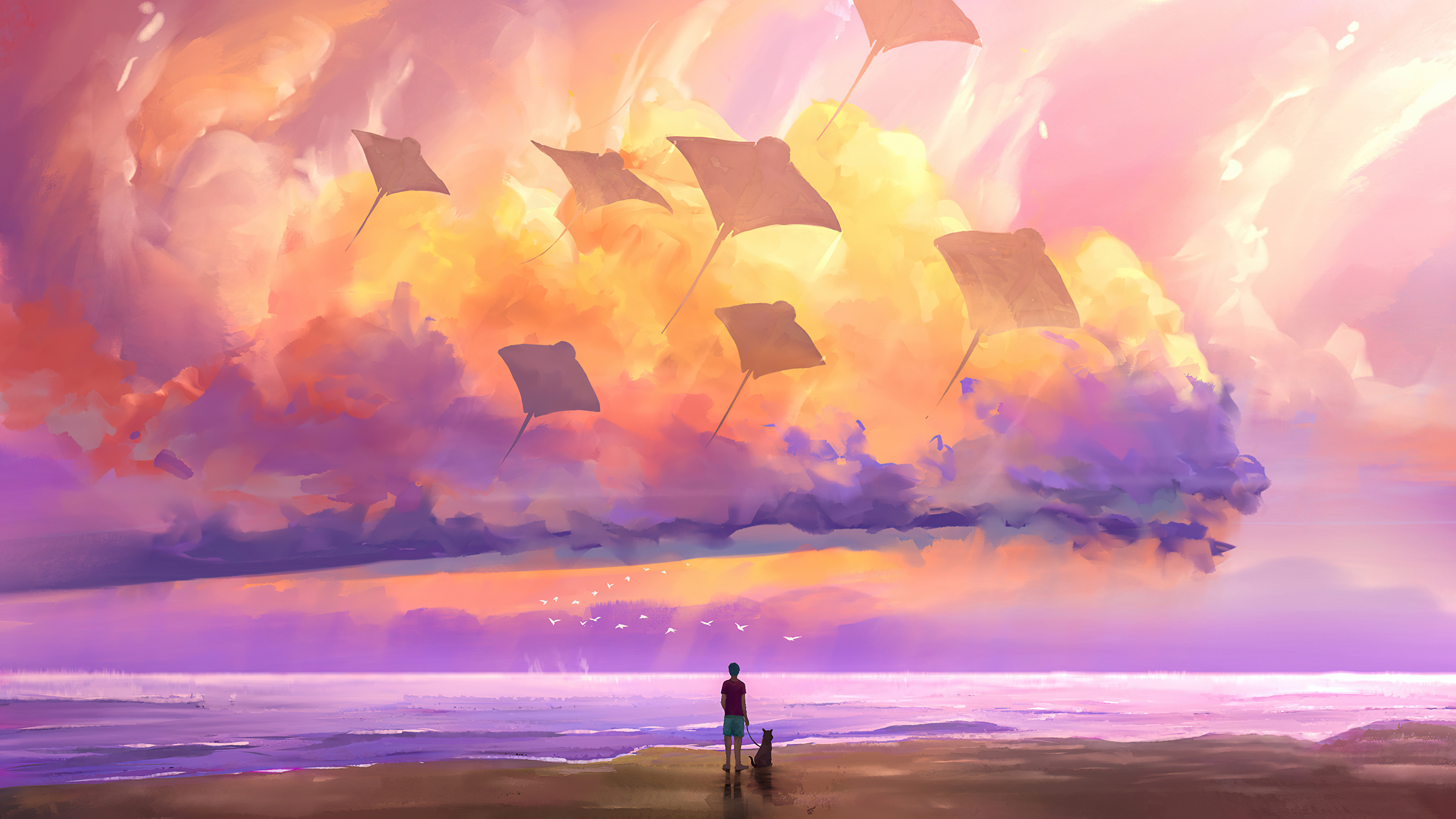 Digital art of manta rays flying in clouds HD Wallpaper