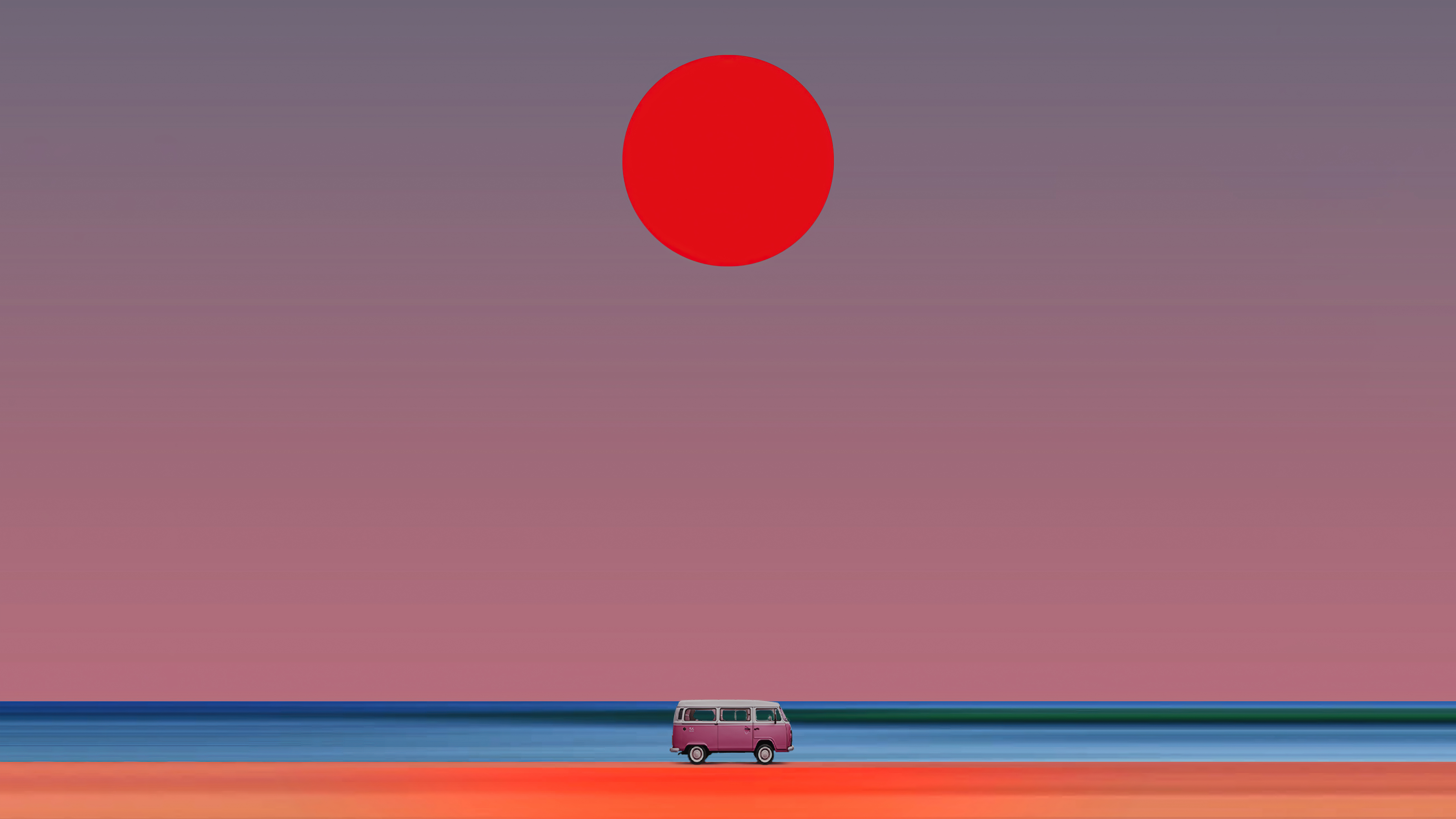 Minimalist van on a beach at sunset HD Wallpaper