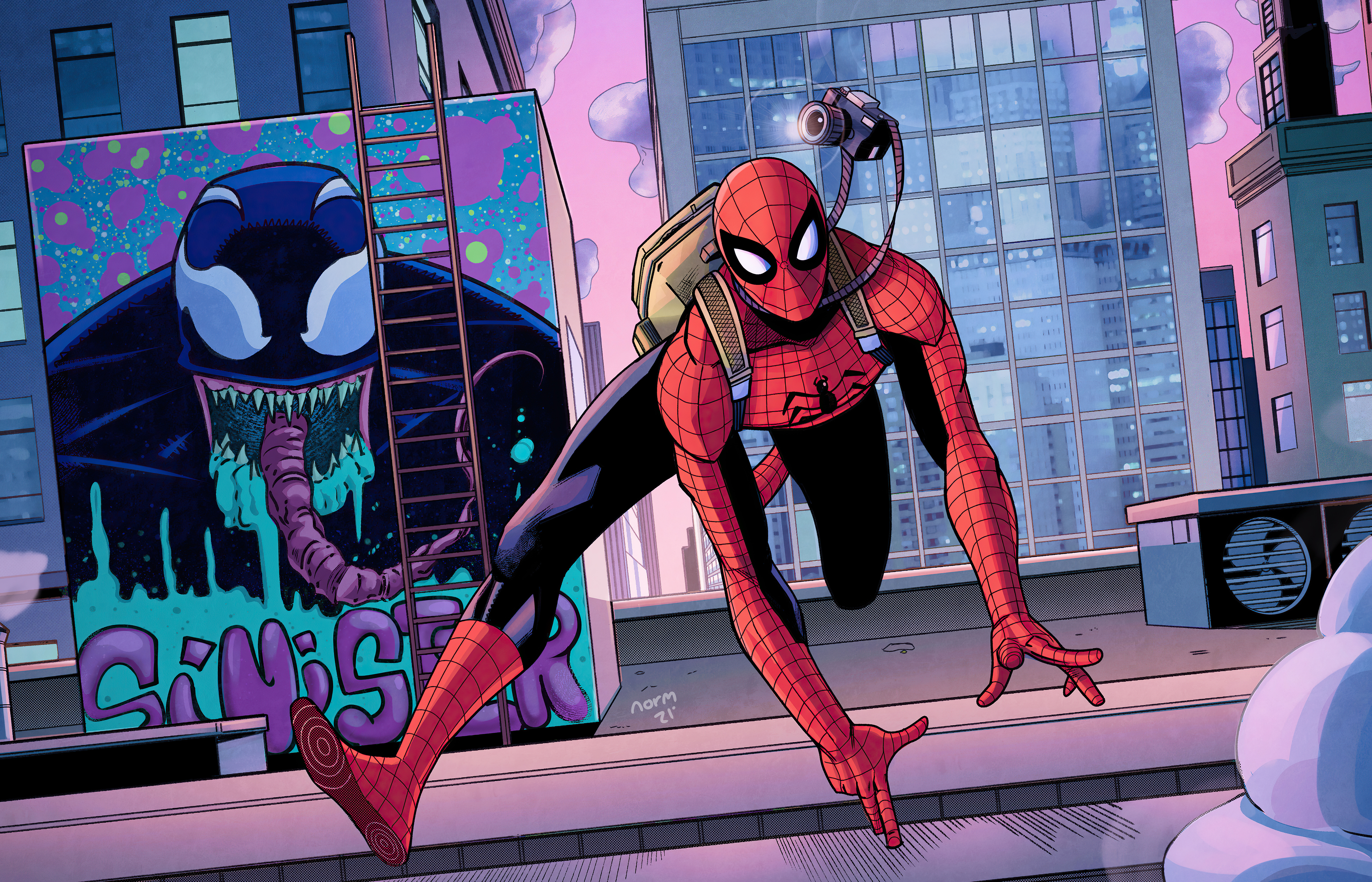 Spider-Man on a rooftop with Venom mural HD Wallpaper