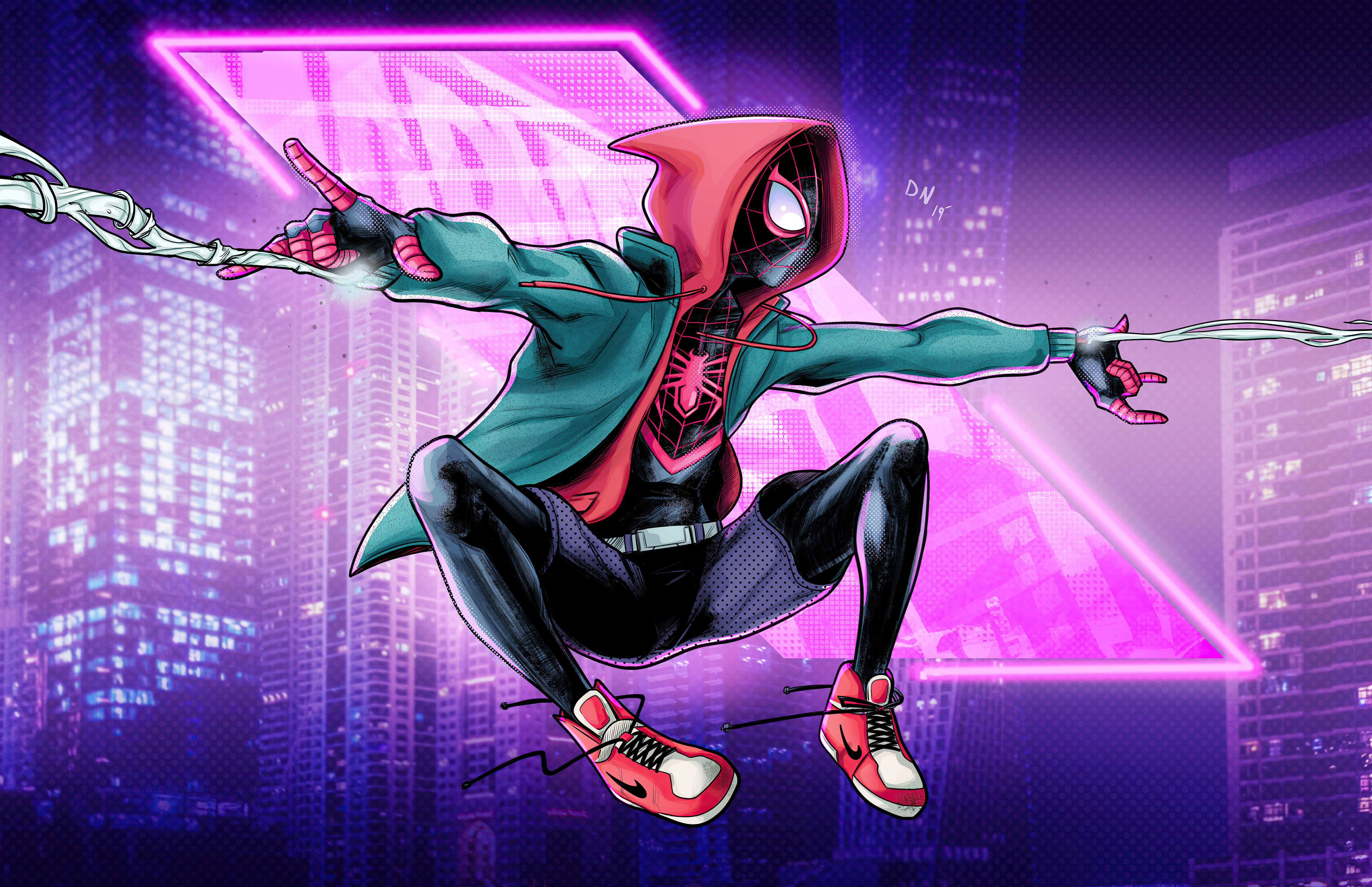 Miles Morales Spider-Man in a city at night HD Wallpaper