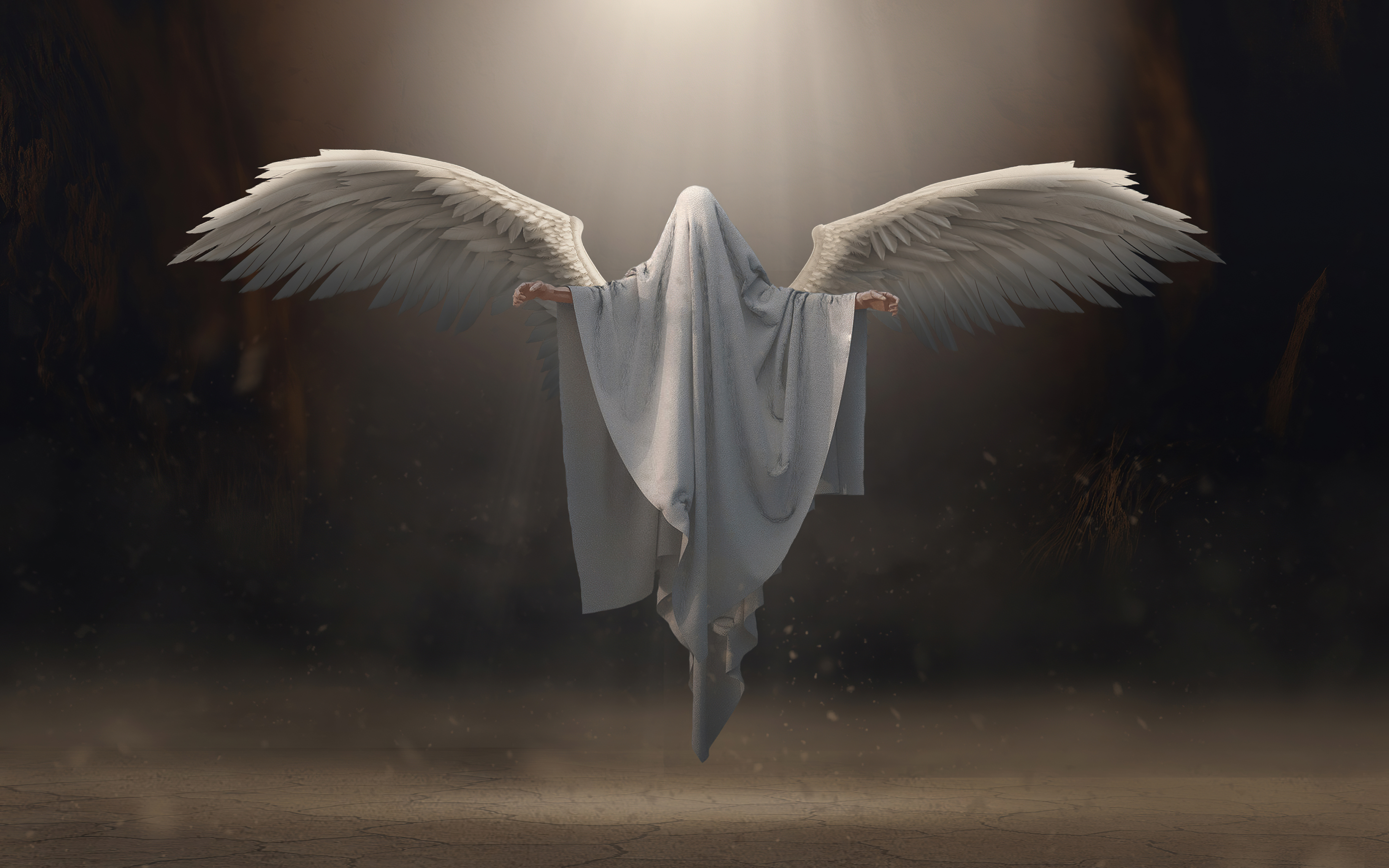 Angel with white wings in a dark cave HD Wallpaper