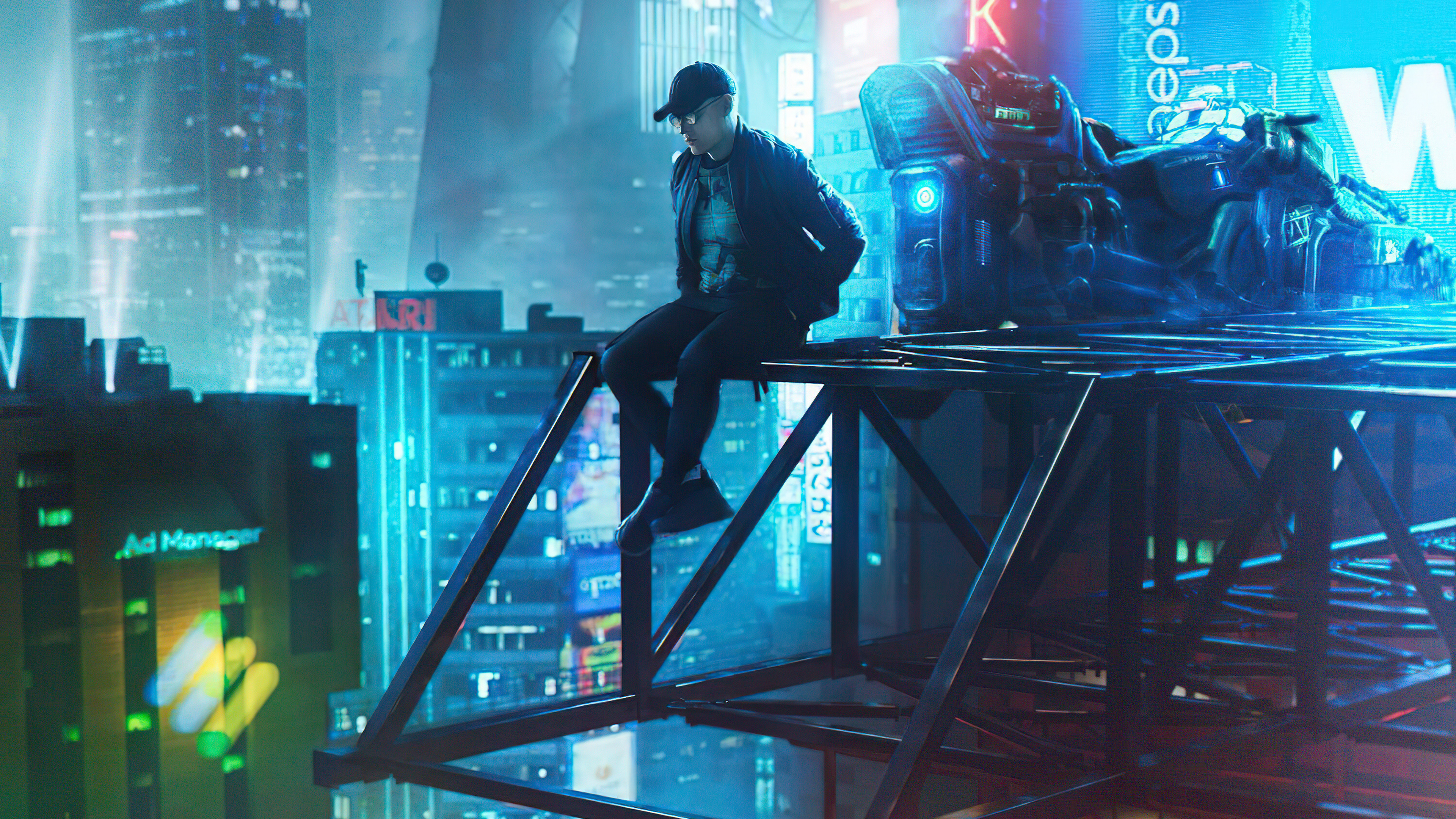 Sci-fi artwork of a man on a platform in a futuristic city HD Wallpaper