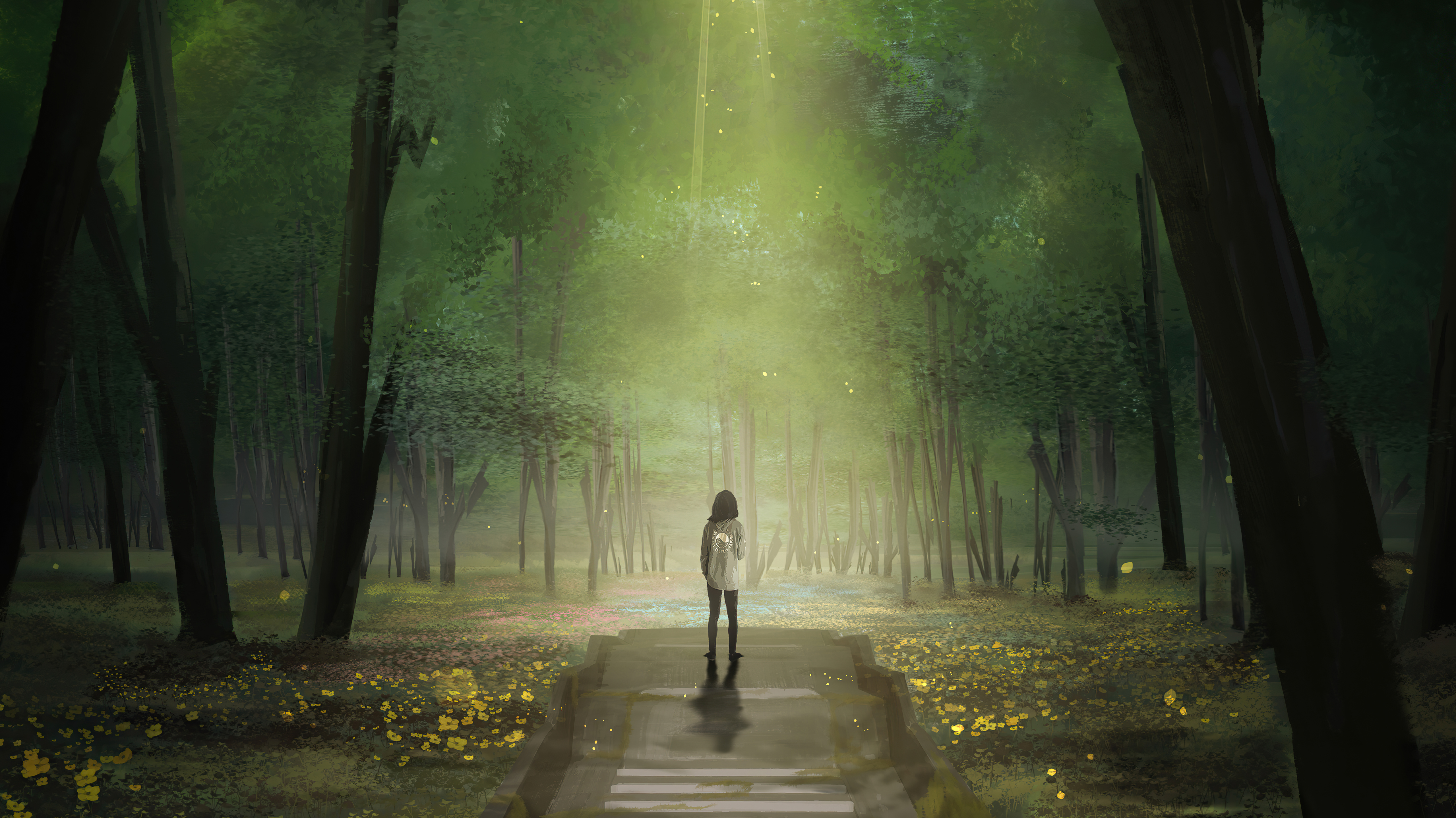Artwork of a person in a forest HD Wallpaper