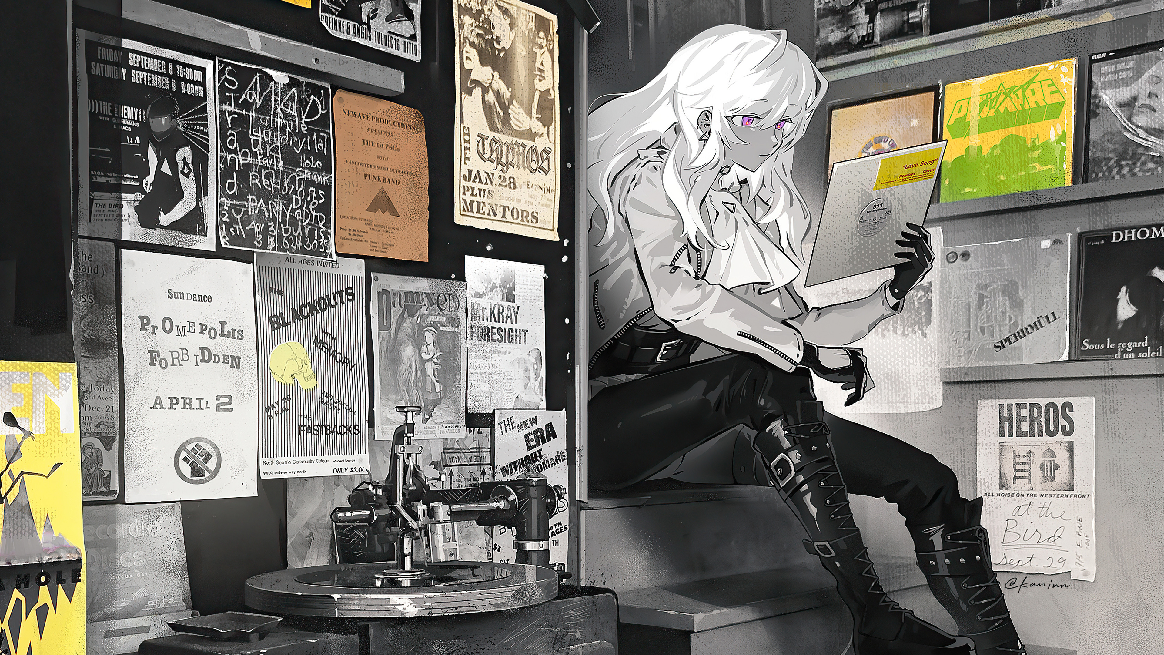Anime girl with white hair in a record store HD Wallpaper