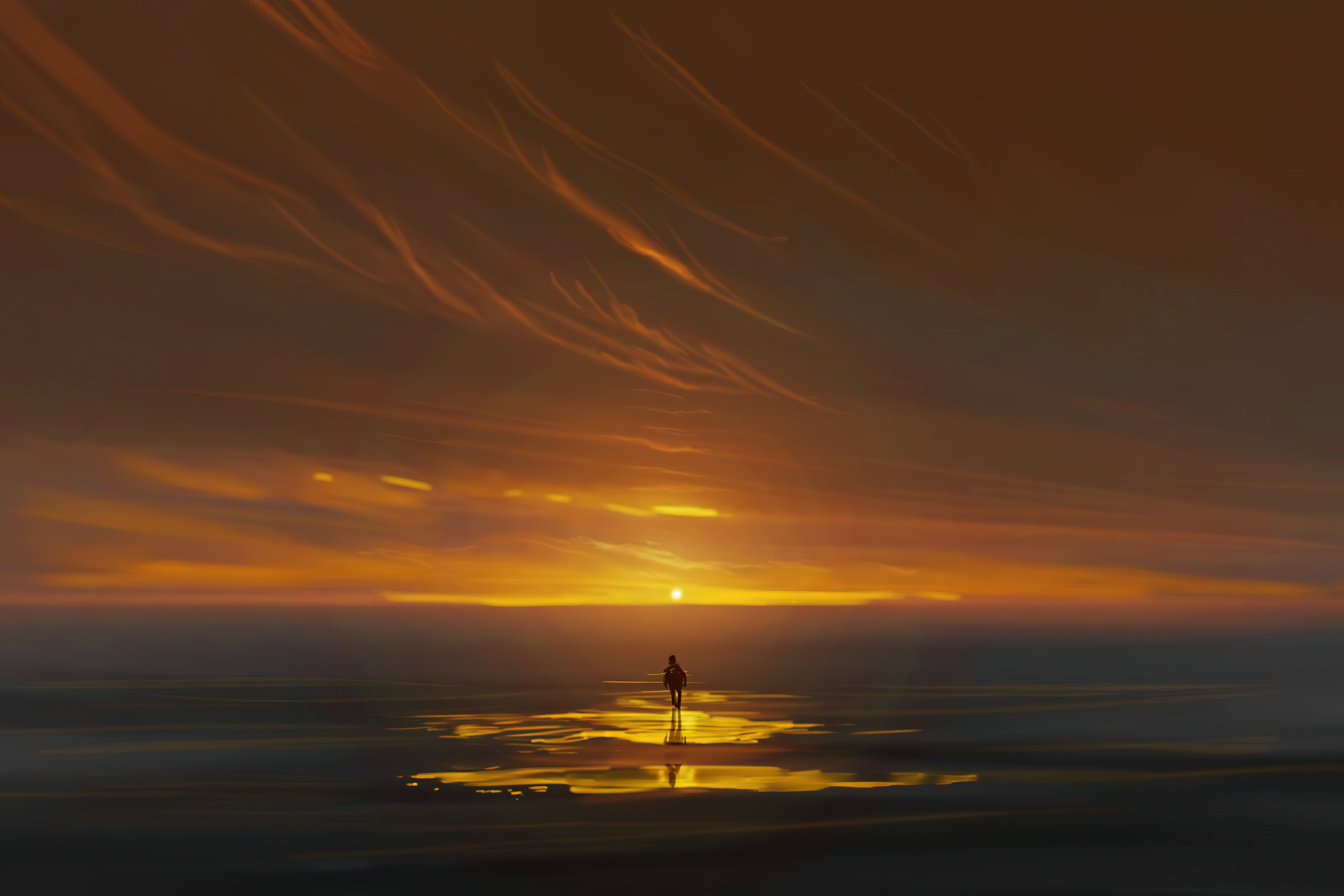 Digital art of a person walking towards the sunset HD Wallpaper