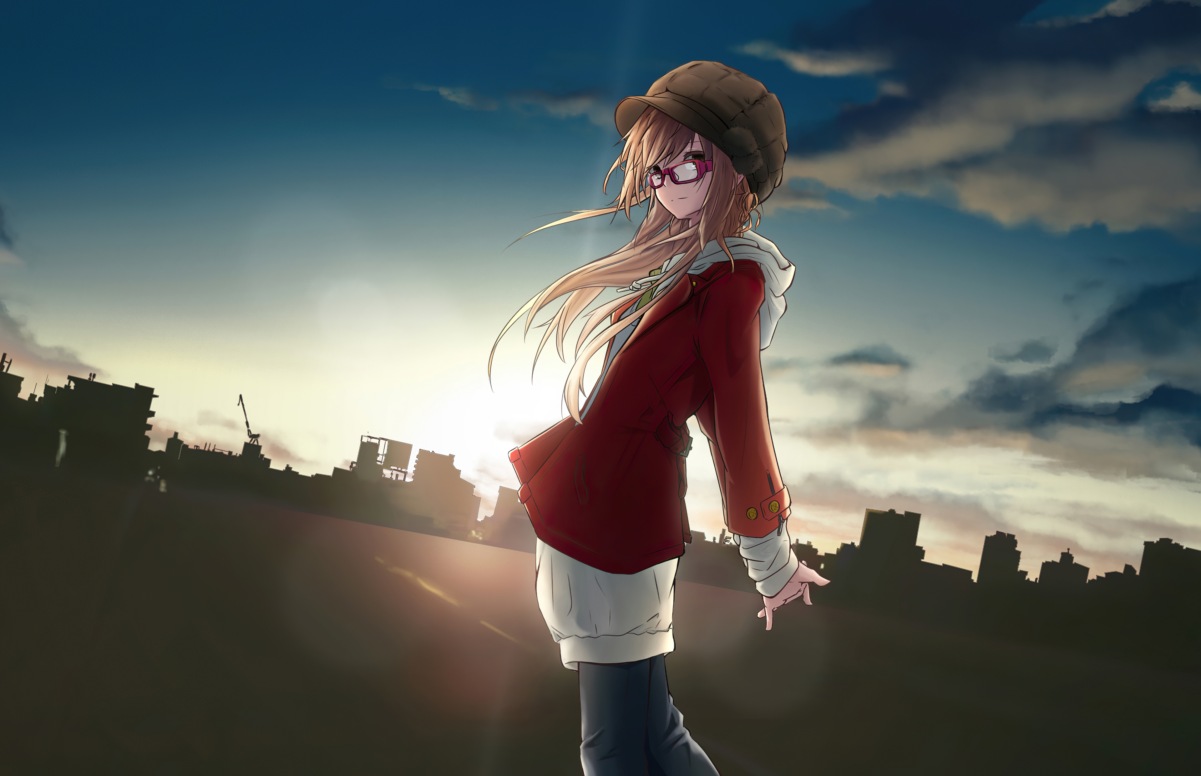 Anime girl with glasses and hat at sunset HD Wallpaper