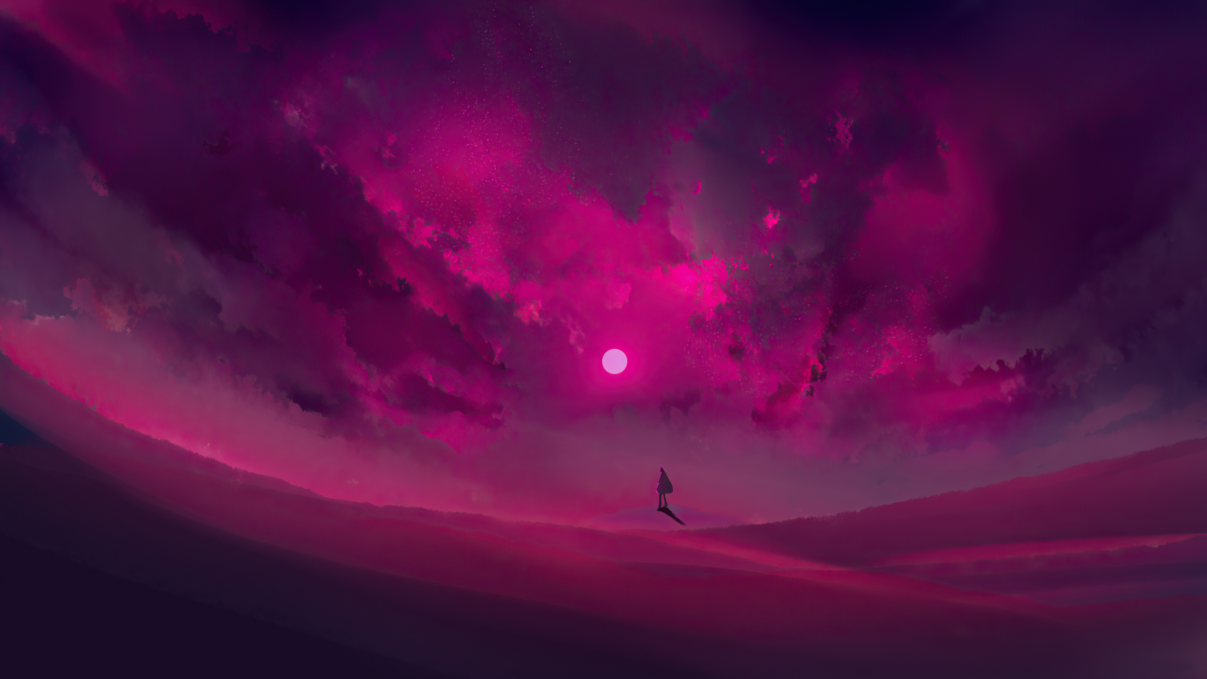 Person standing on a pink desert under a pink sky HD Wallpaper