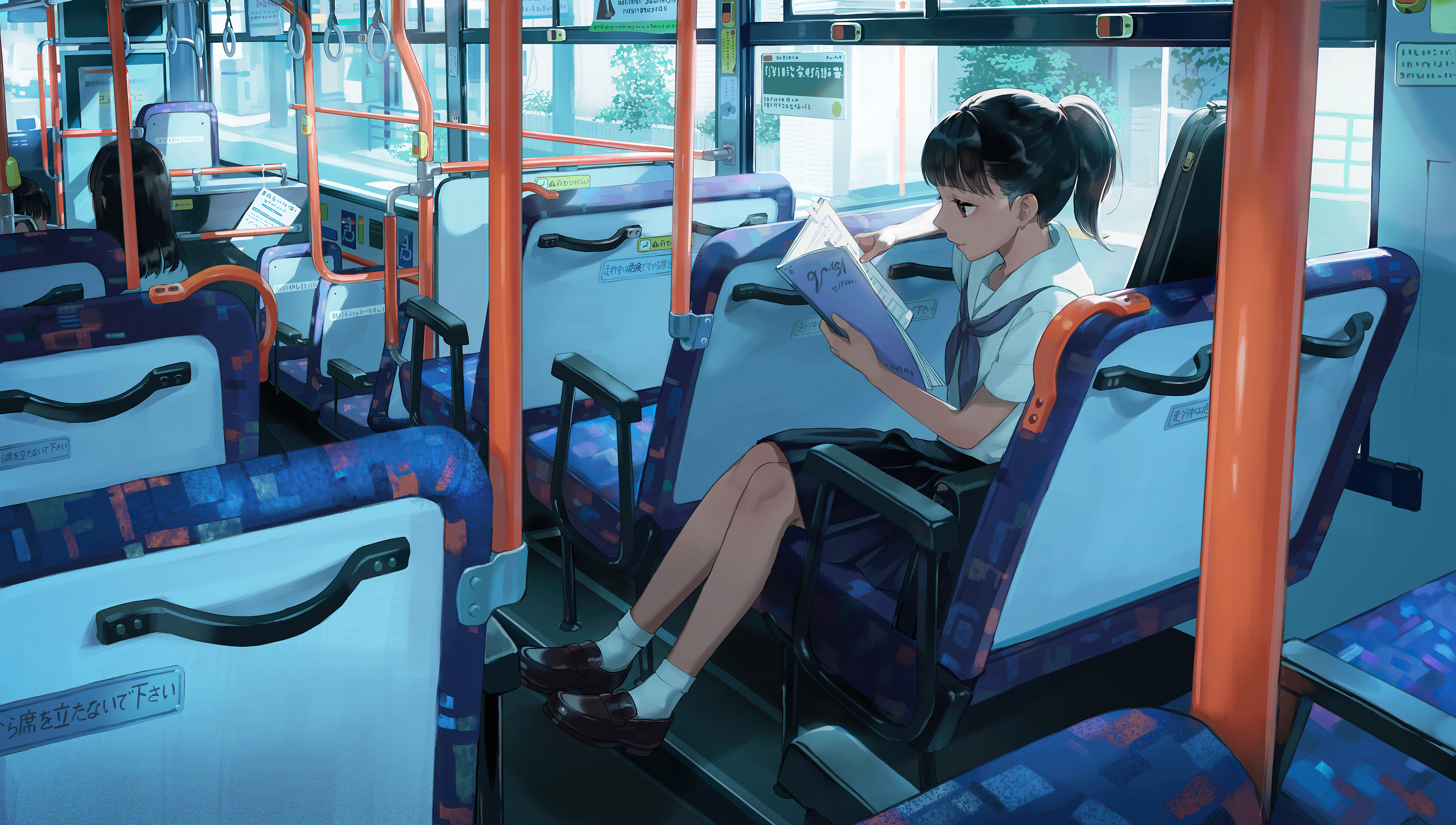 Anime girl reading on a bus HD Wallpaper