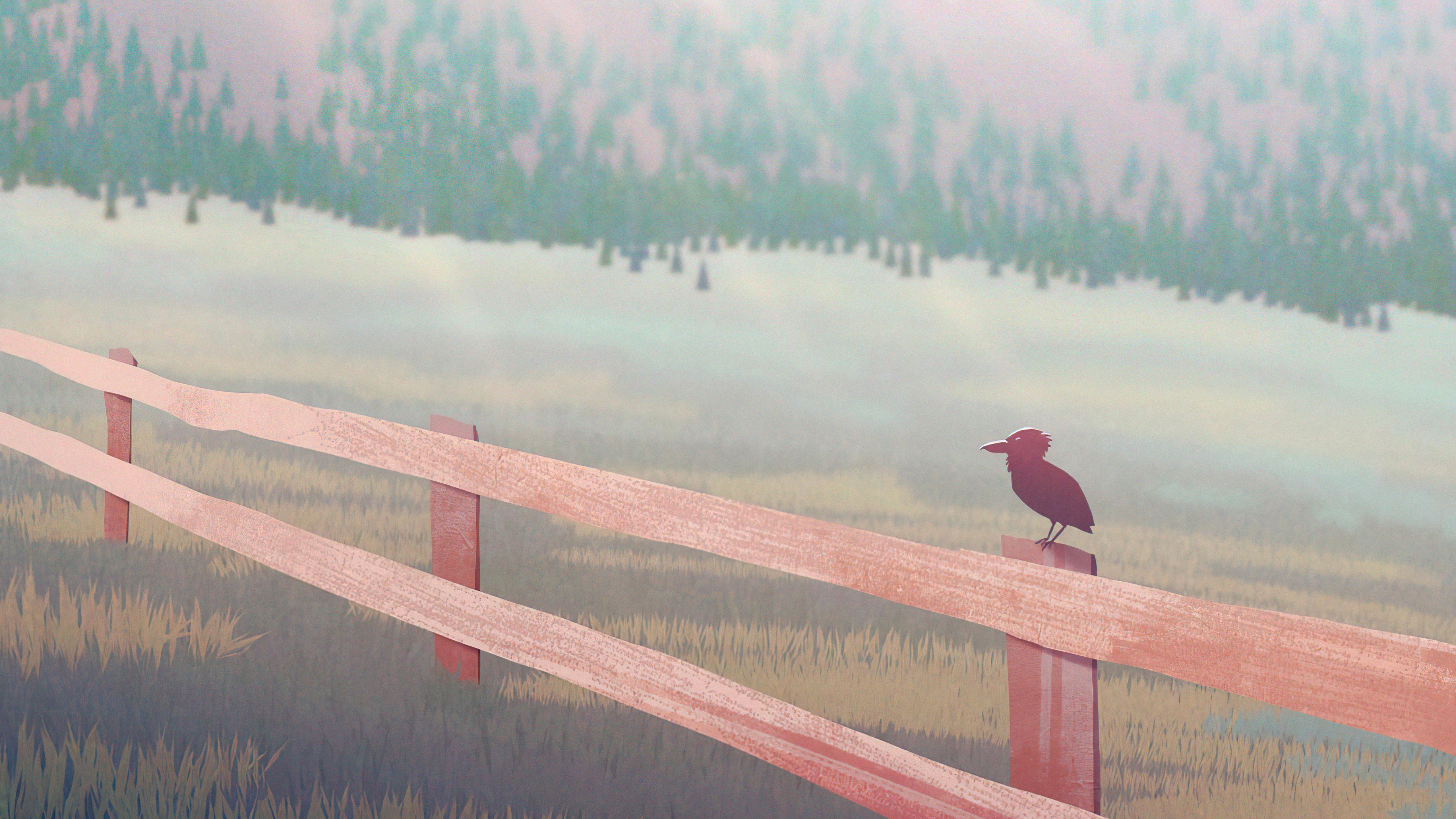 Bird on a fence in a misty forest landscape HD Wallpaper