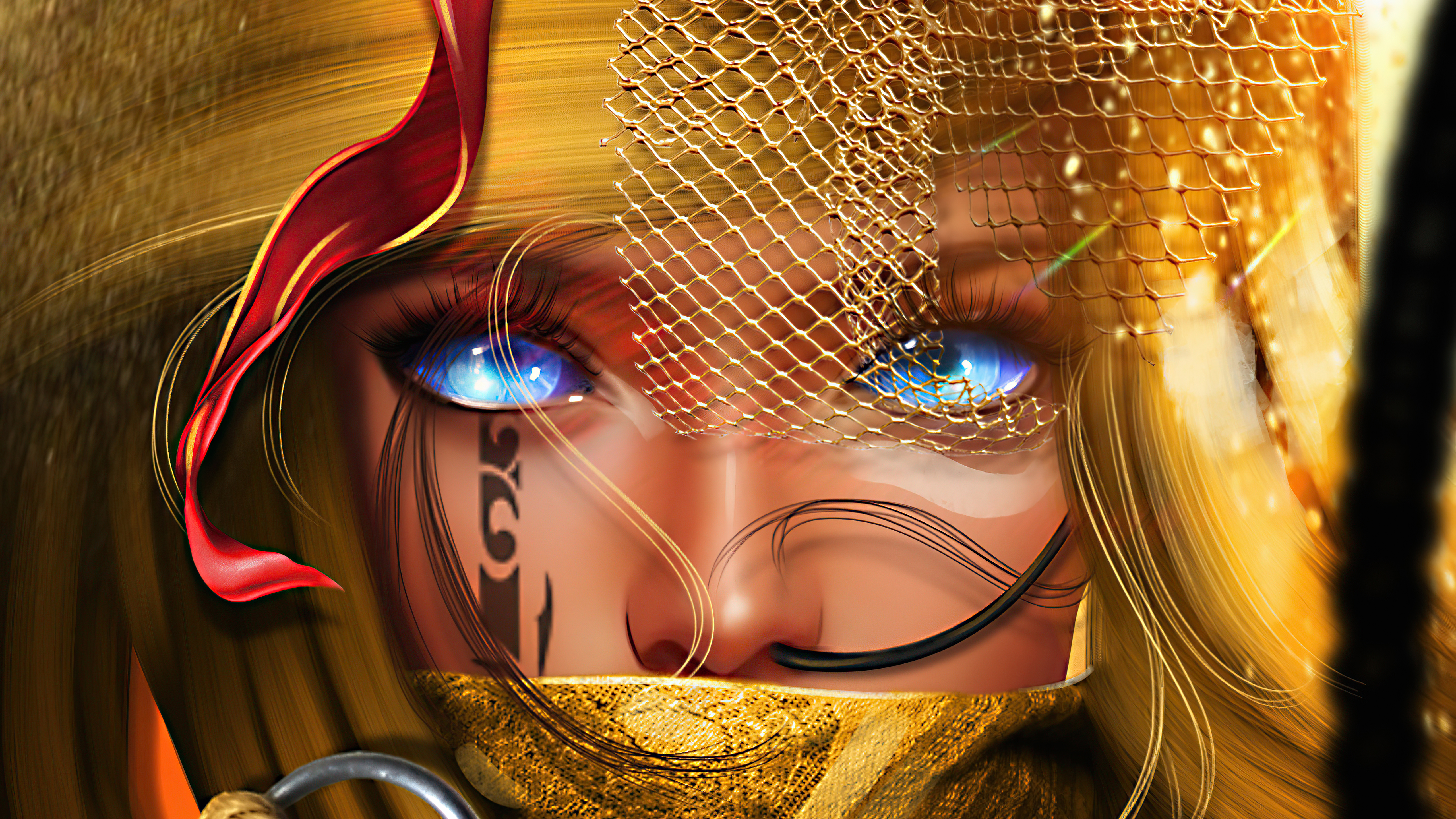 Digital art of a woman with blue eyes and golden veil HD Wallpaper