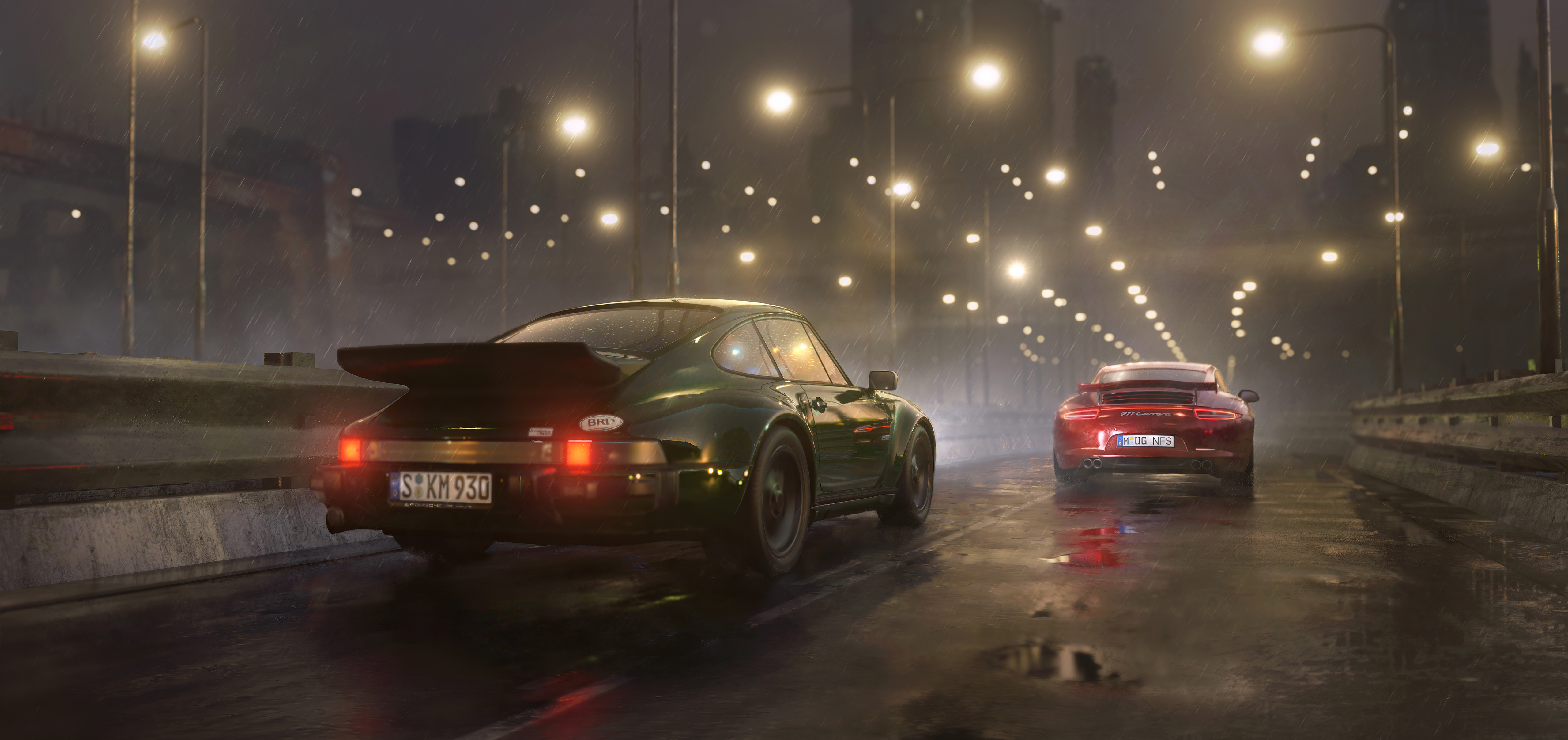 Two Porsches driving on a rainy city street at night HD Wallpaper