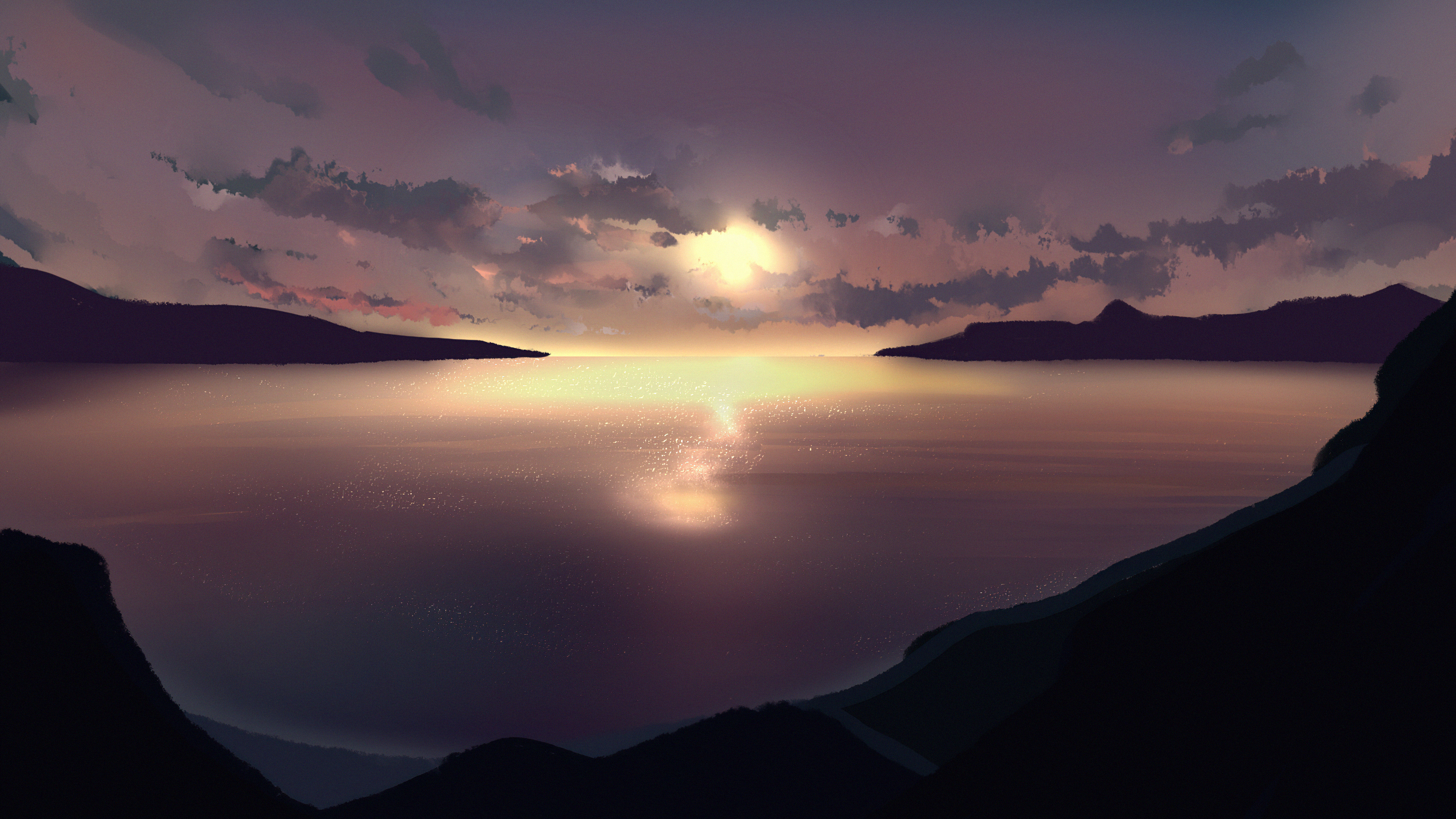 Digital art of a sunset over a body of water with mountains HD Wallpaper