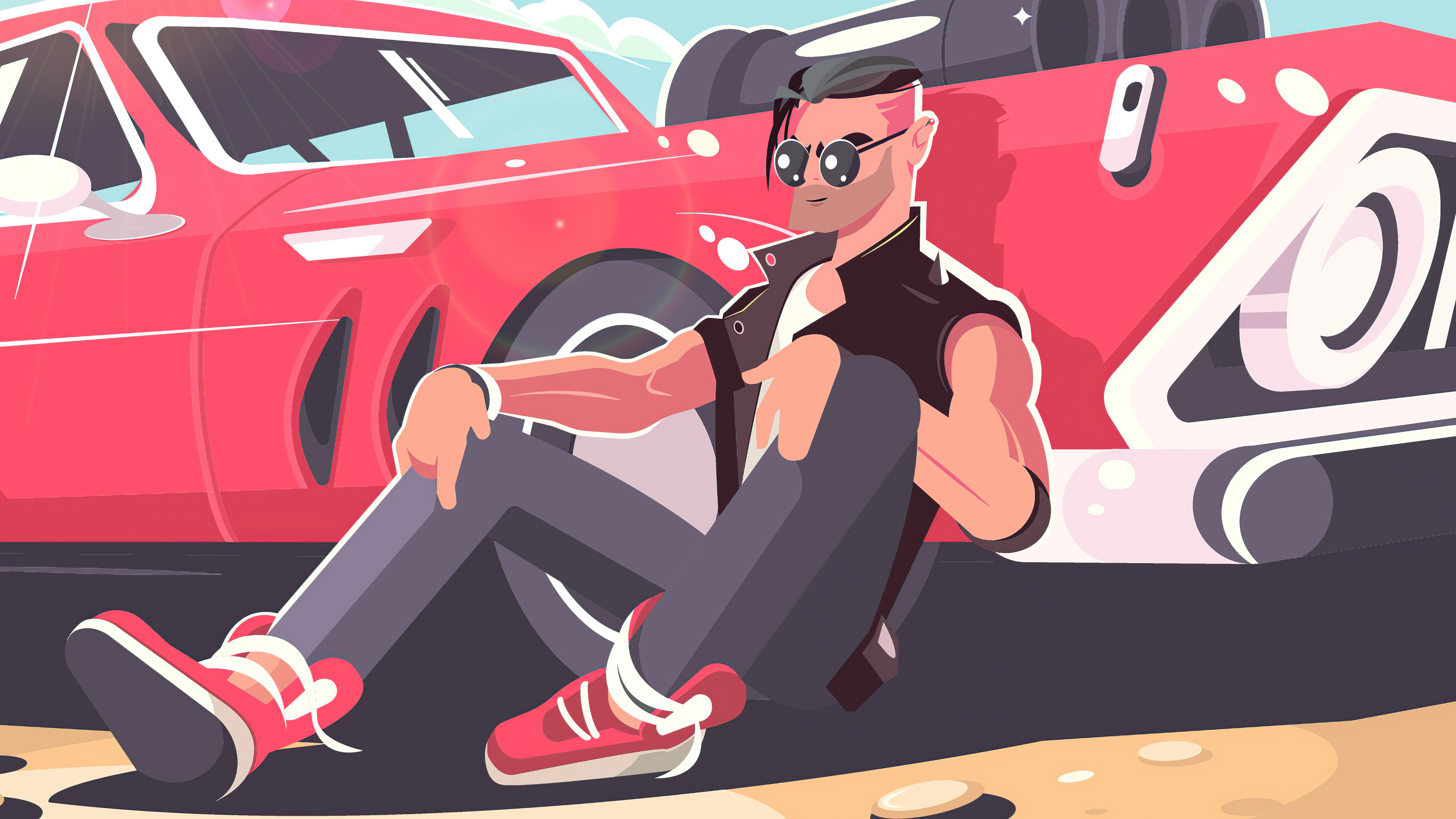 Man in sunglasses leaning on a red car HD Wallpaper