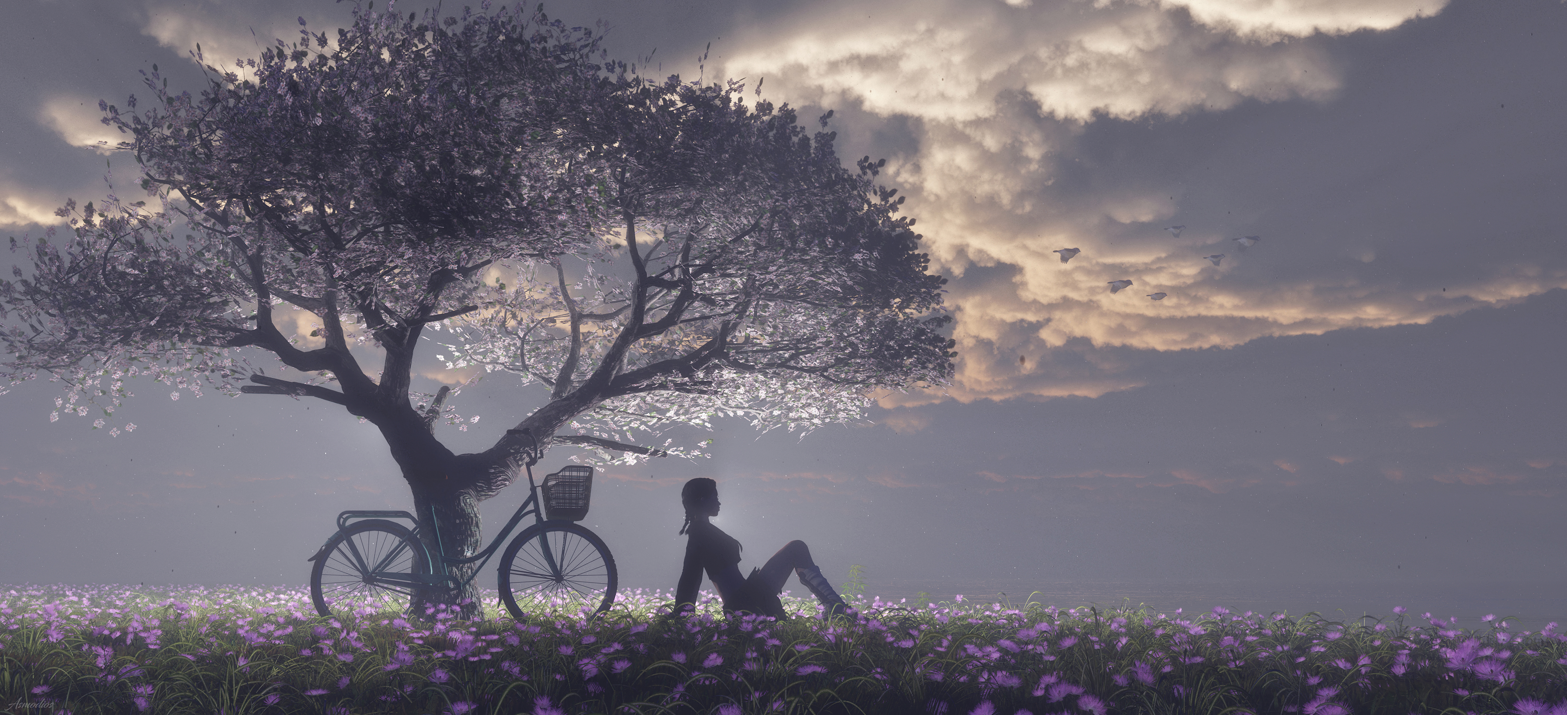 Woman sitting under a tree with a bicycle in a field of flowers HD Wallpaper