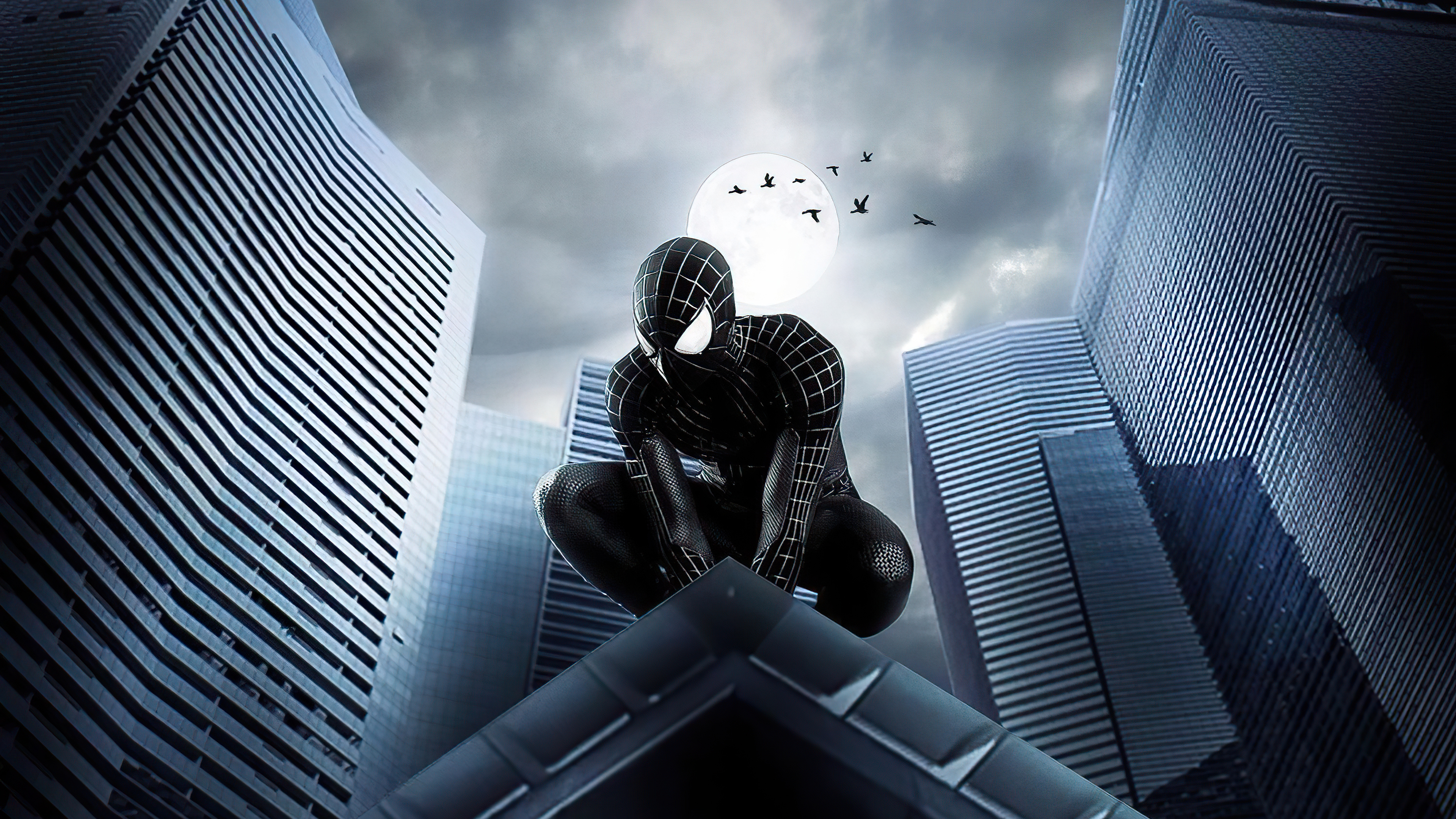 Spider-Man from Marvel in Black Suit on Rooftop HD Wallpaper