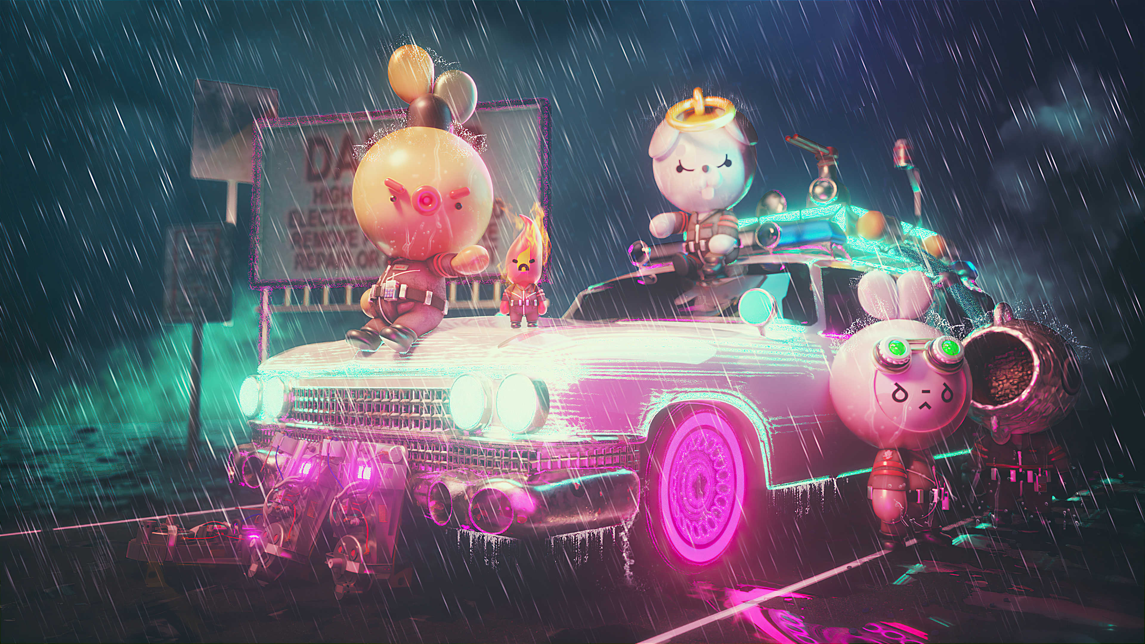 Digital Art of Characters in a Car HD Wallpaper