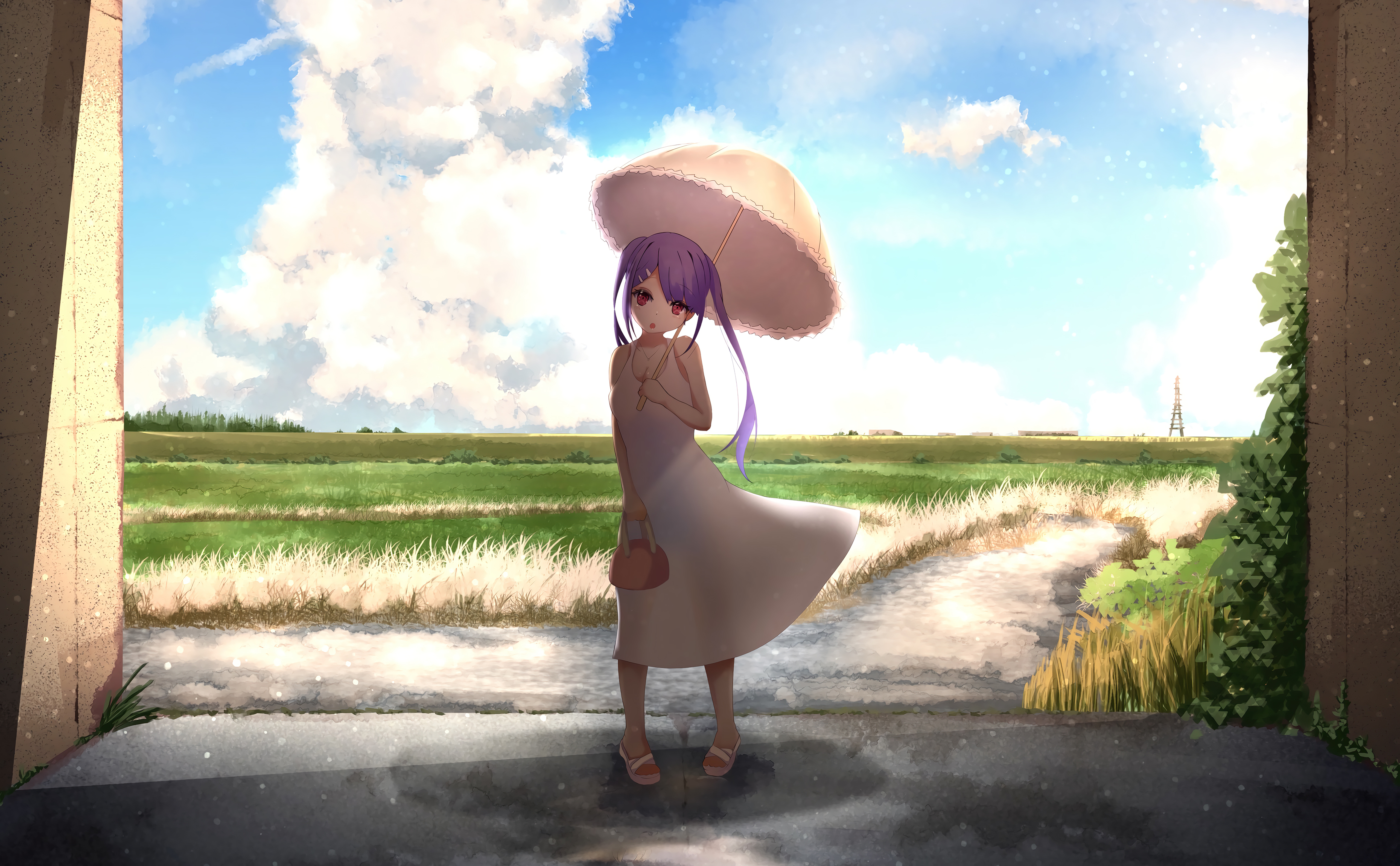 Anime girl with umbrella in a field HD Wallpaper