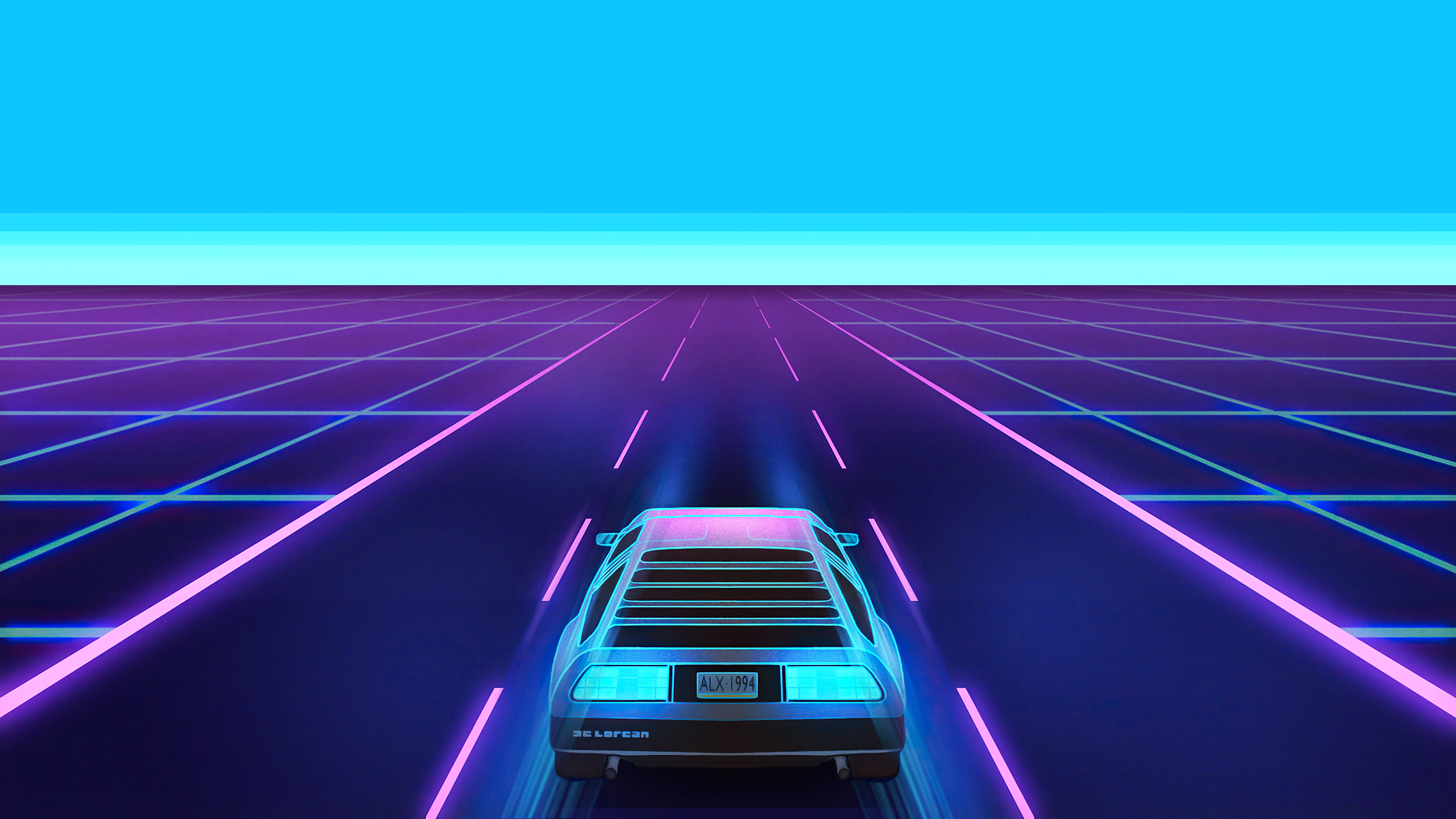 Delorean driving on a neon grid road HD Wallpaper