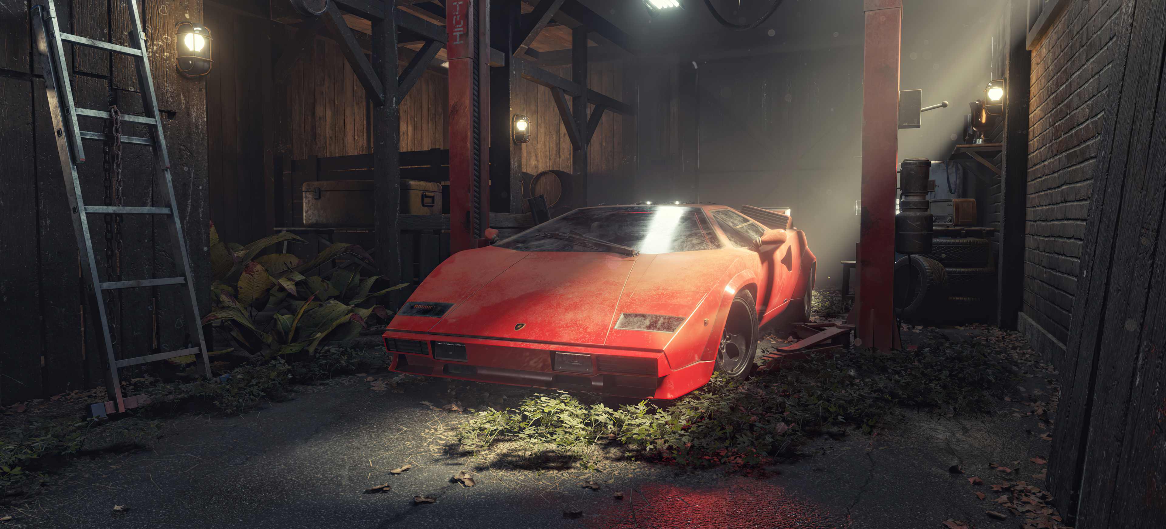 Red Lamborghini Countach in a dusty garage HD Wallpaper