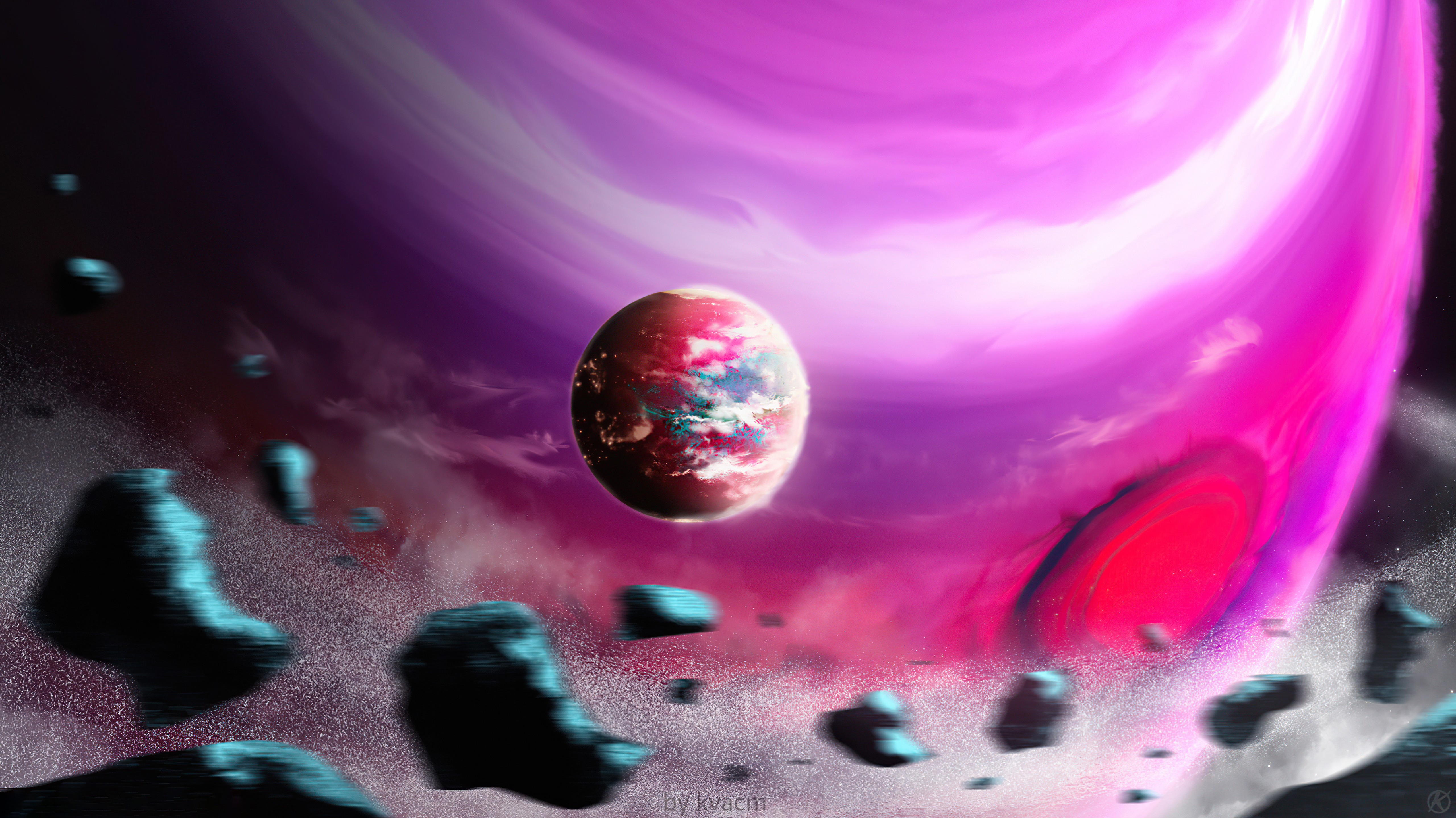 Digital art of a planet and asteroids HD Wallpaper