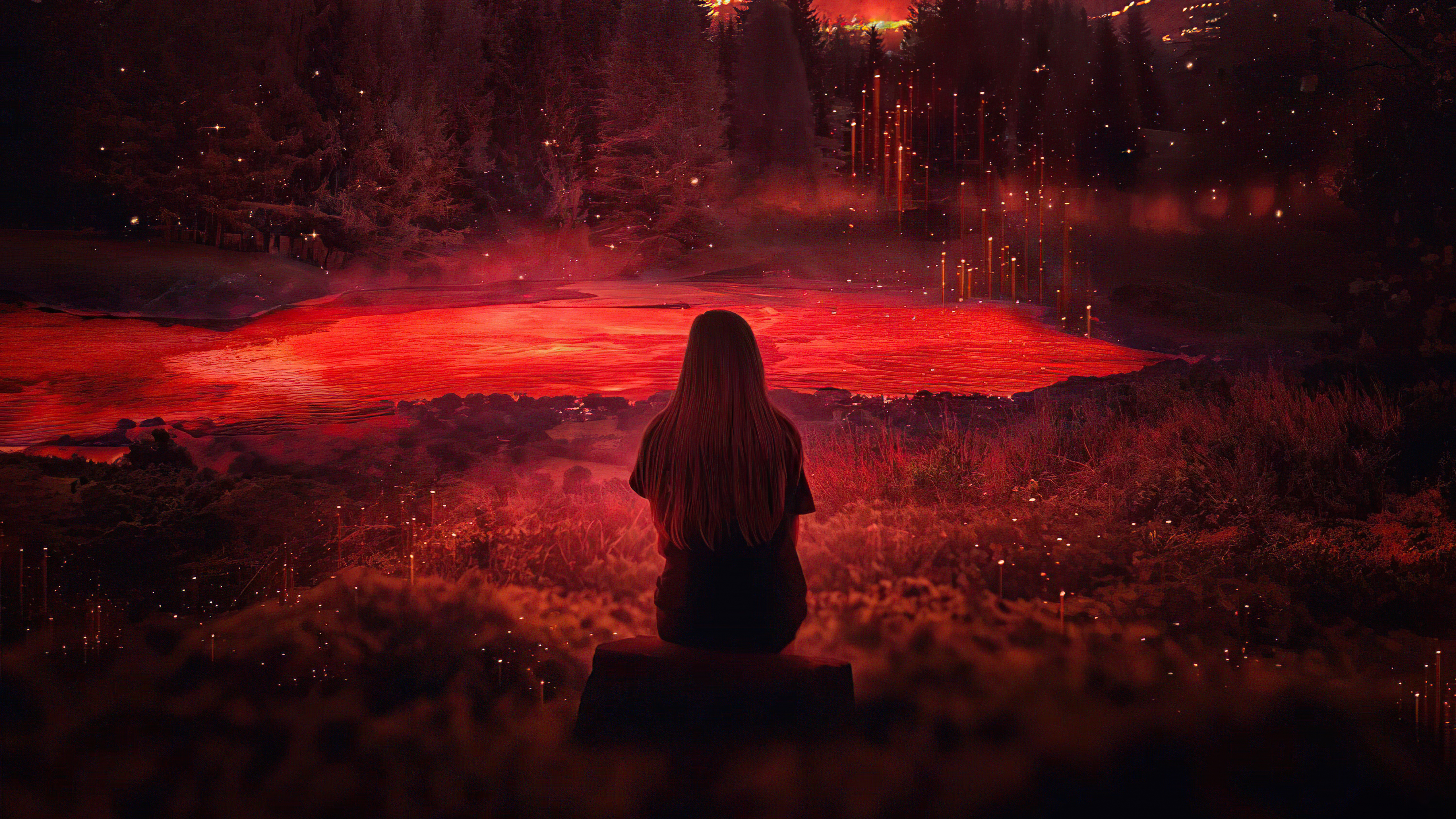 Girl sitting by a glowing red lake in a forest HD Wallpaper