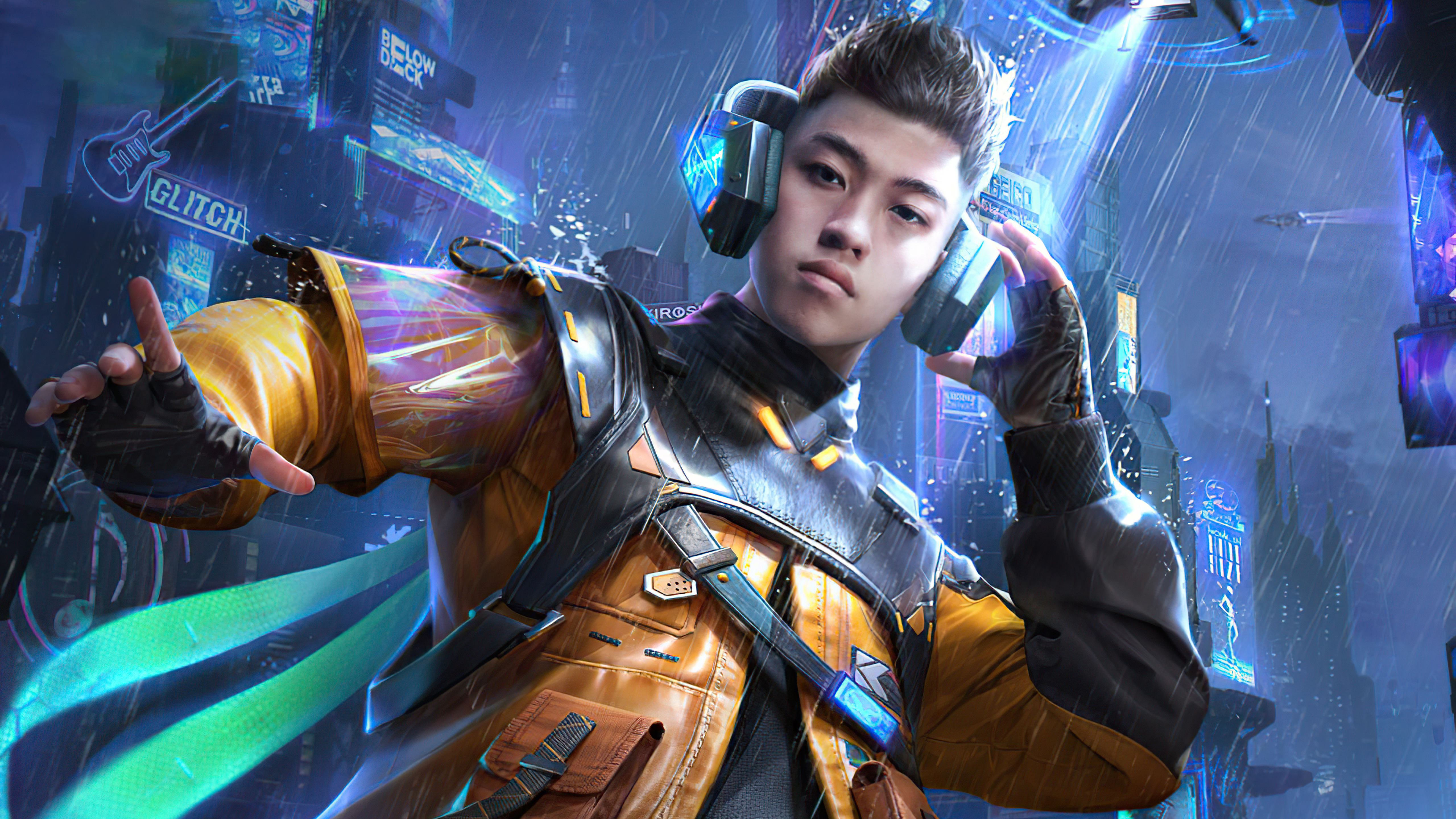 Player from PUBG with headphones in a futuristic city HD Wallpaper