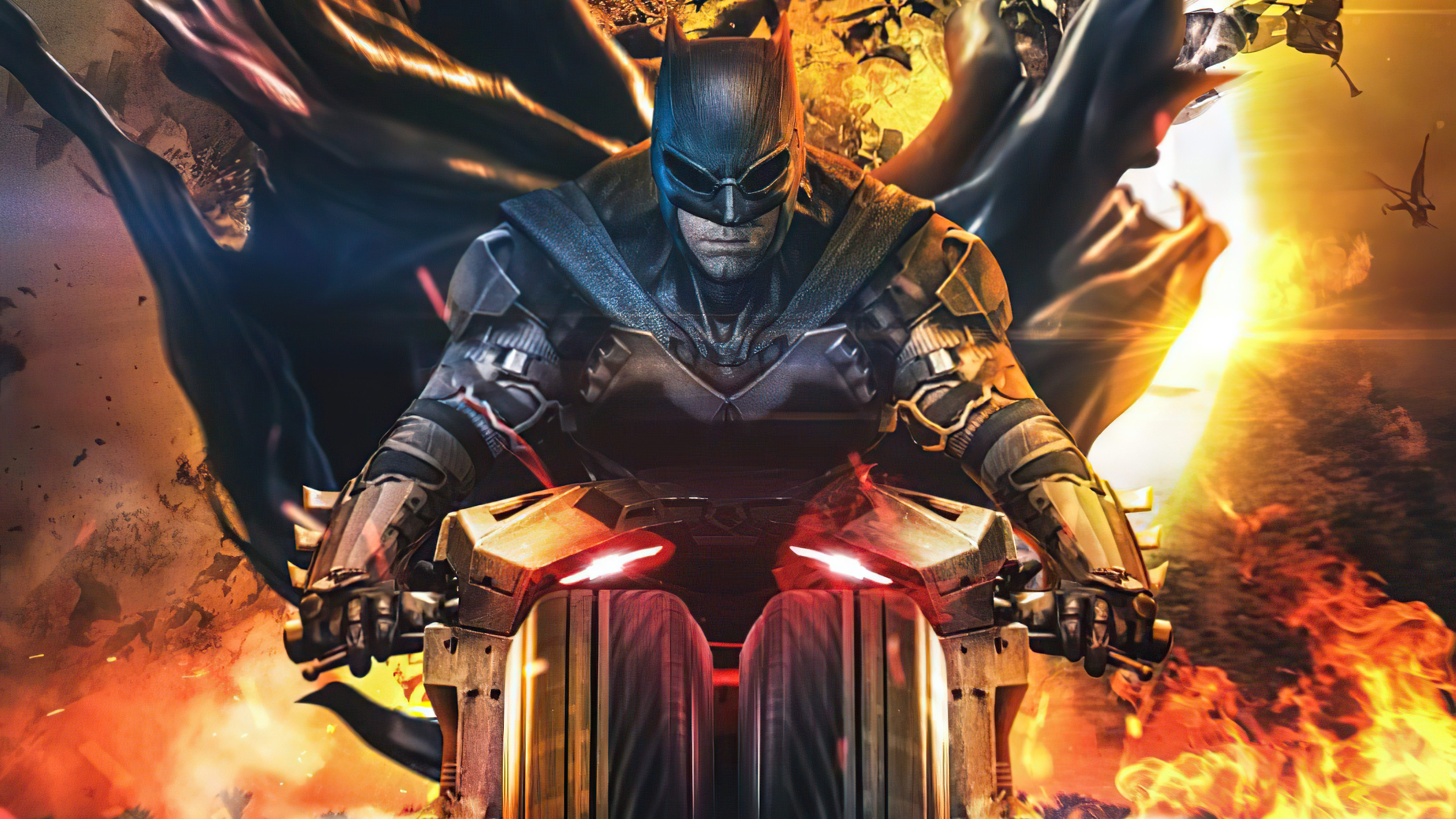 Batman on a Batcycle with explosions and fire HD Wallpaper