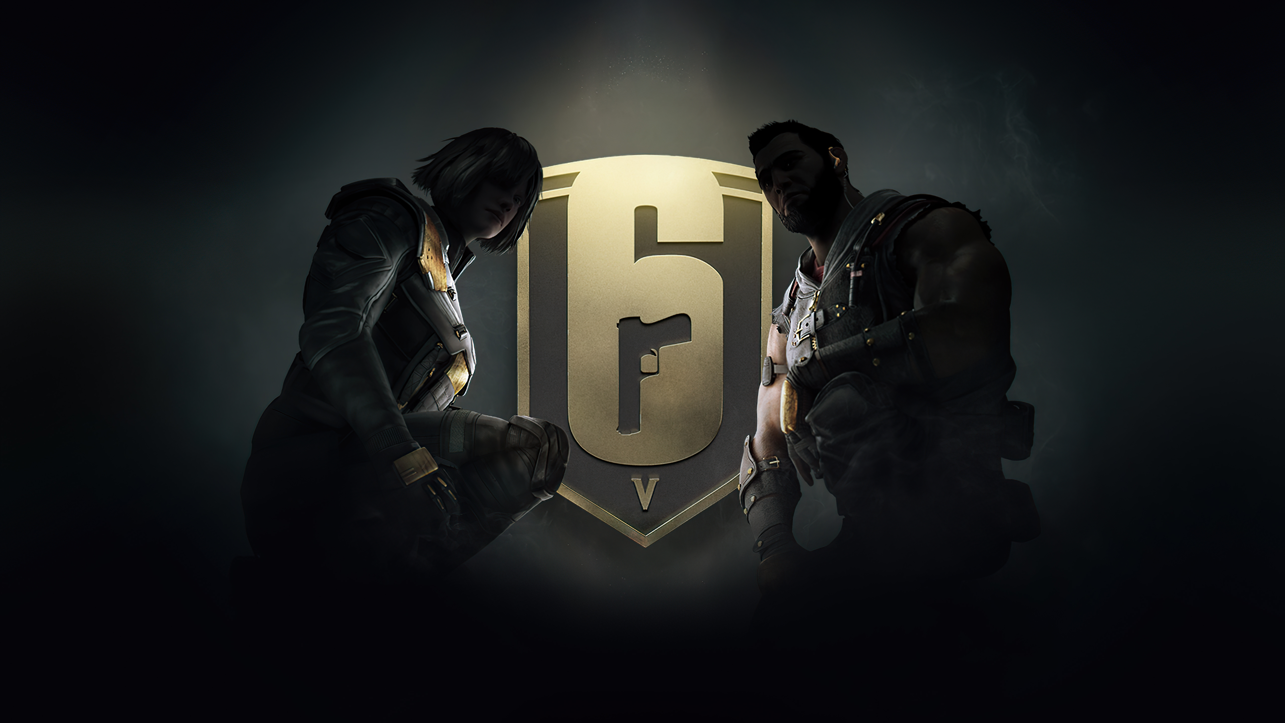 Two operators in front of Rainbow Six Siege logo HD Wallpaper