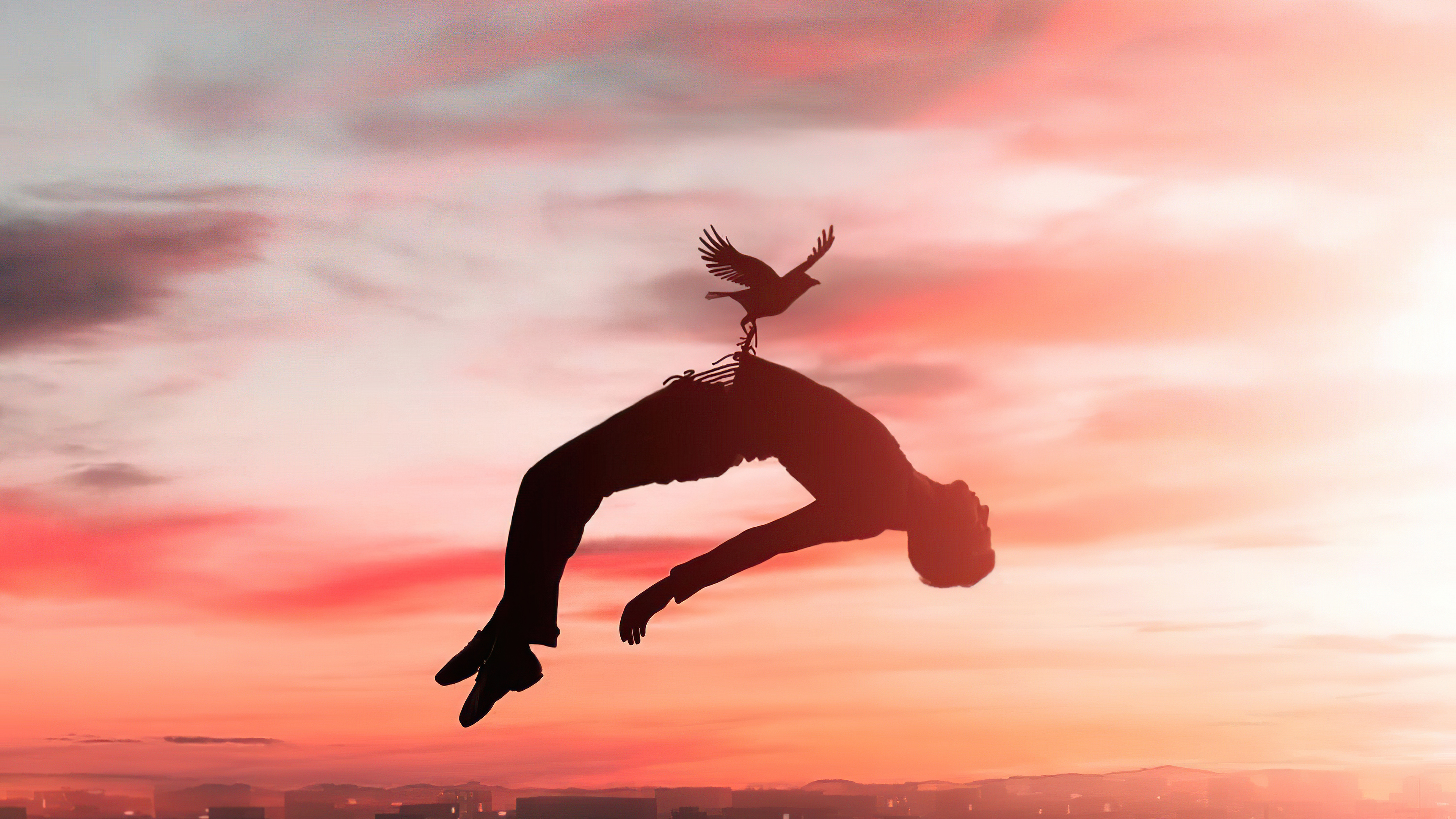 Silhouette of a person falling with a bird overhead HD Wallpaper