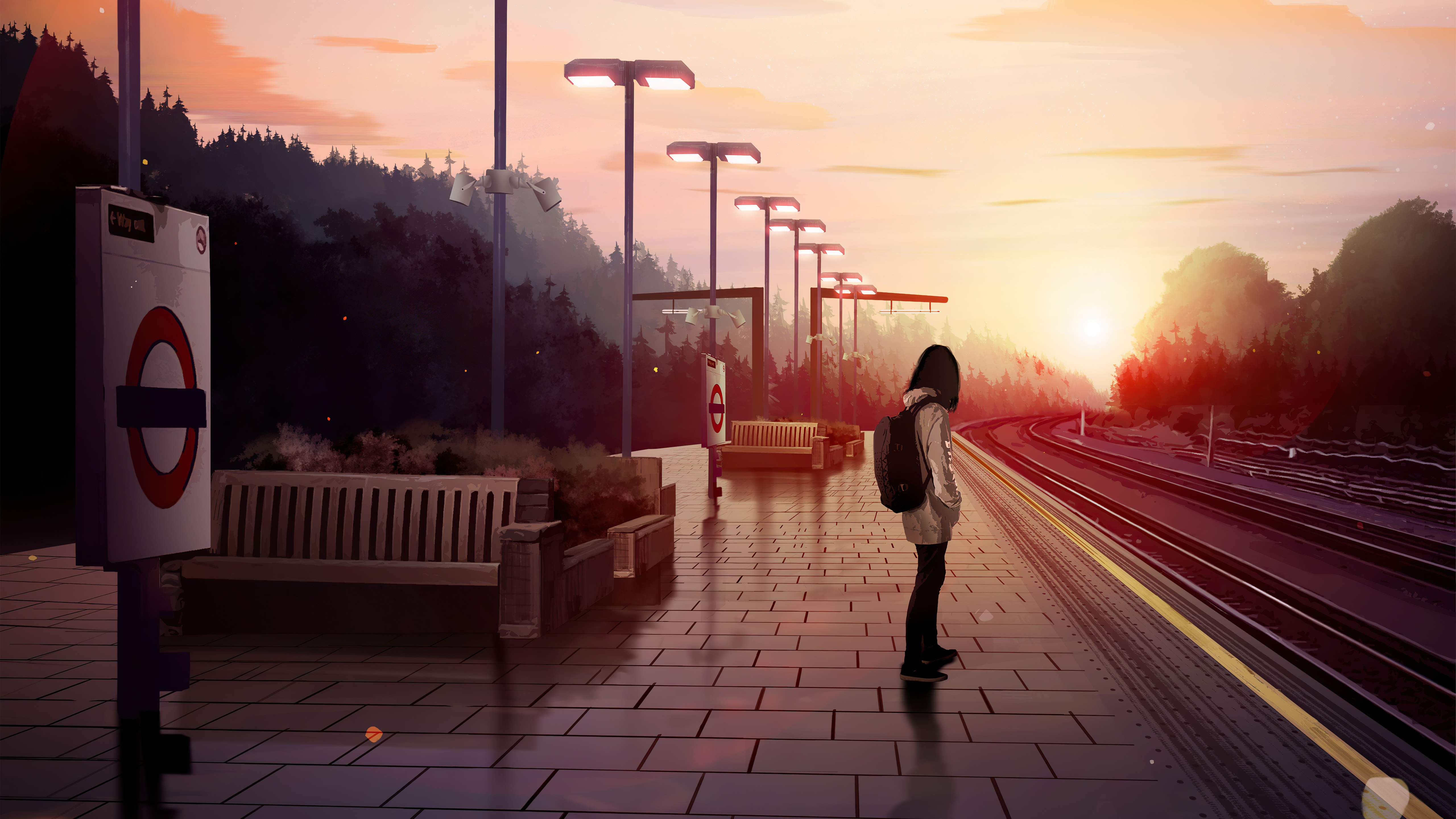 Girl waiting at a train station at sunset HD Wallpaper