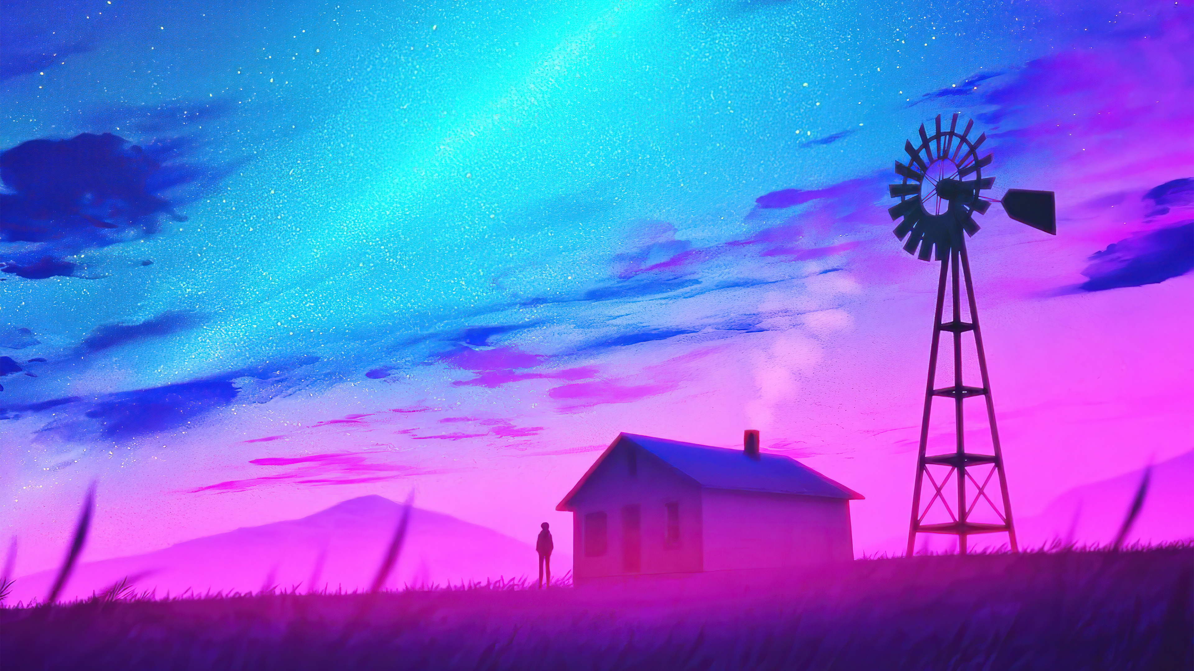 Retrowave artwork of a lone figure by a house and windmill HD Wallpaper