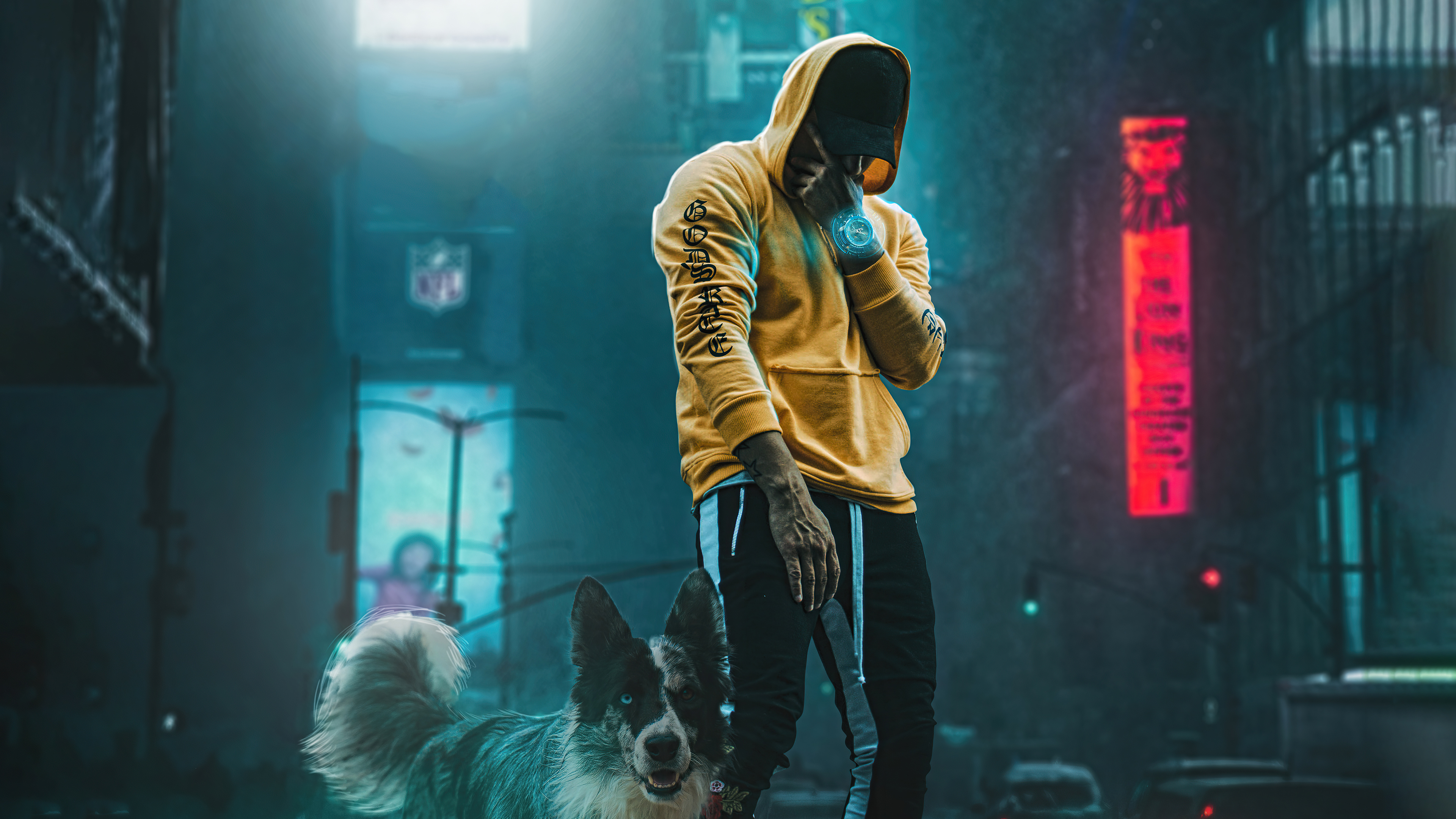 Man in yellow hoodie with dog in city at night HD Wallpaper