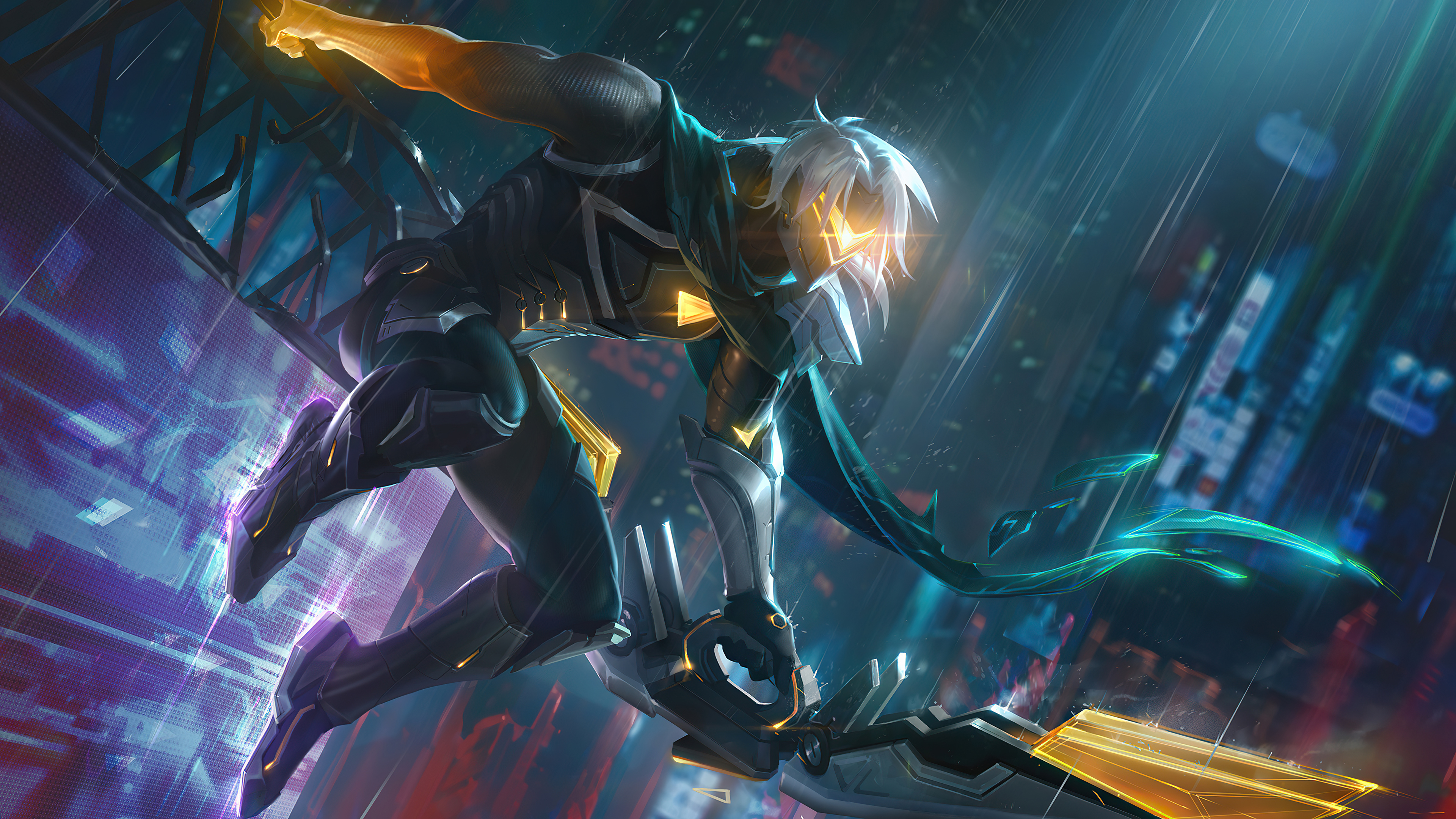 Zed from League of Legends in a futuristic city HD Wallpaper