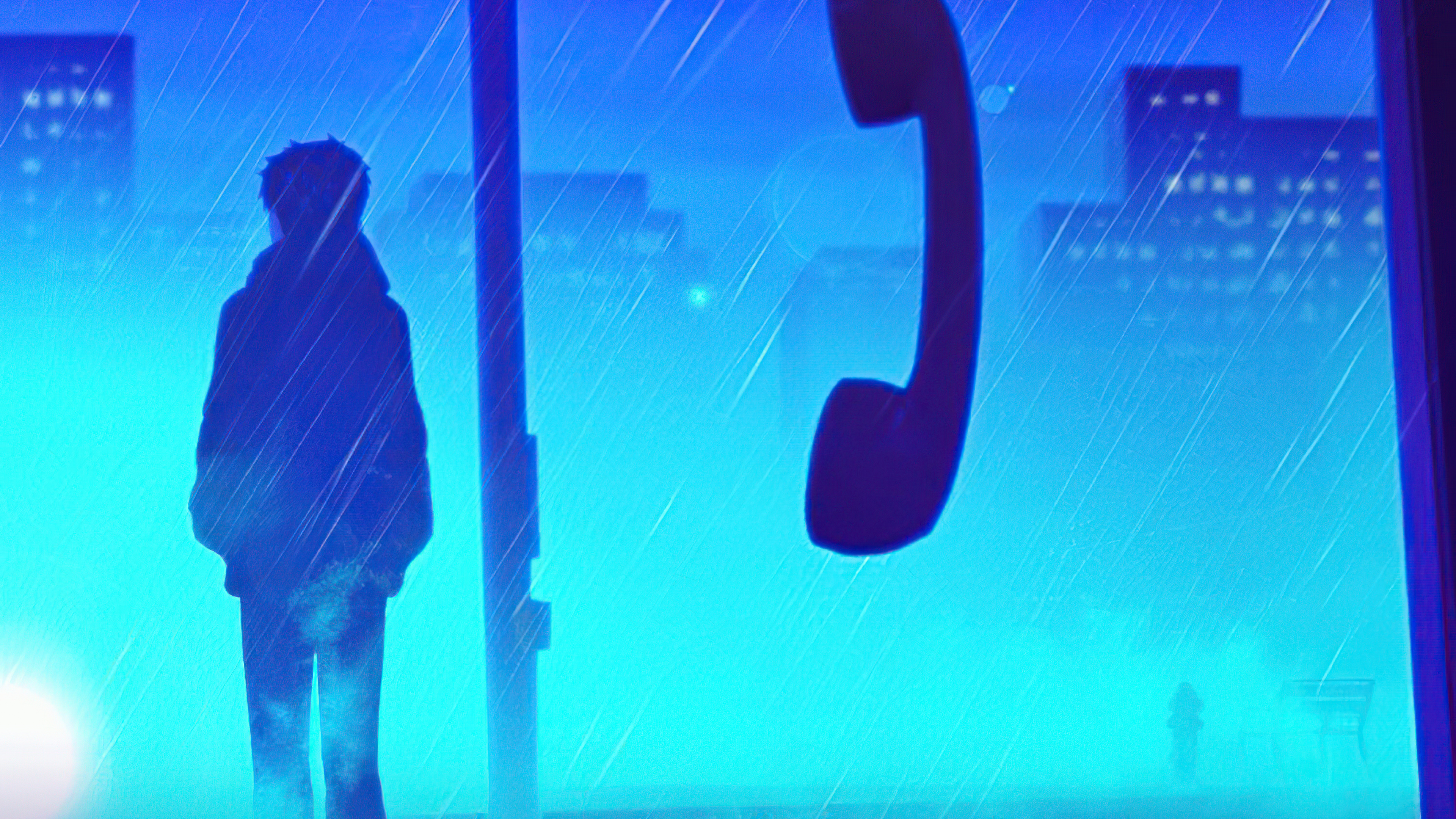 Silhouette of a person in the rain with a phone receiver HD Wallpaper