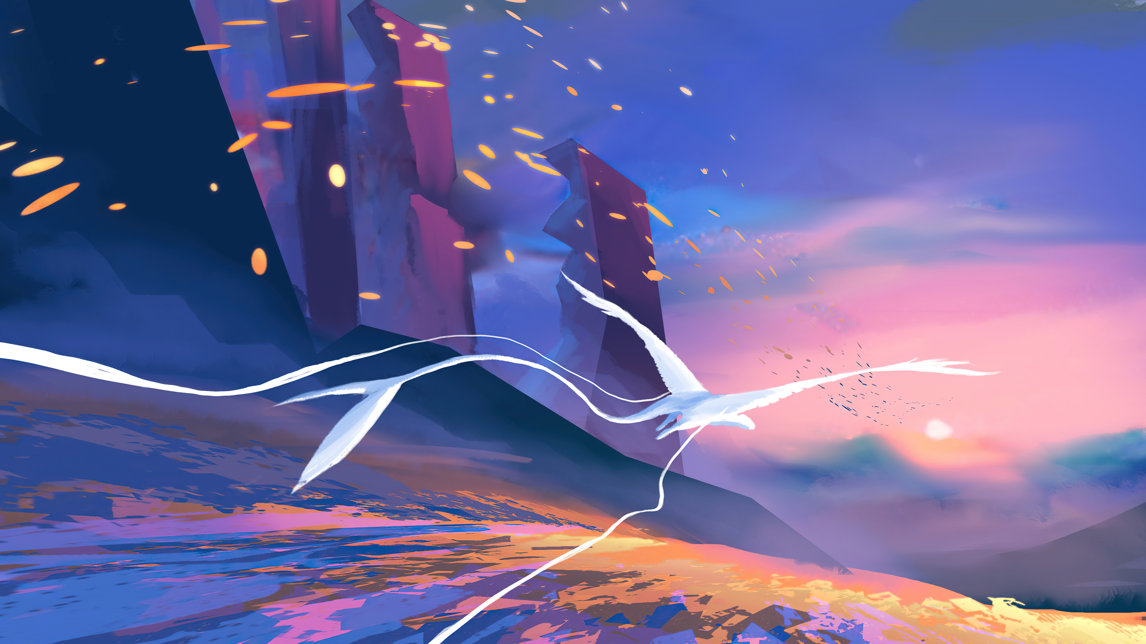 Digital art of a white bird flying at sunset HD Wallpaper