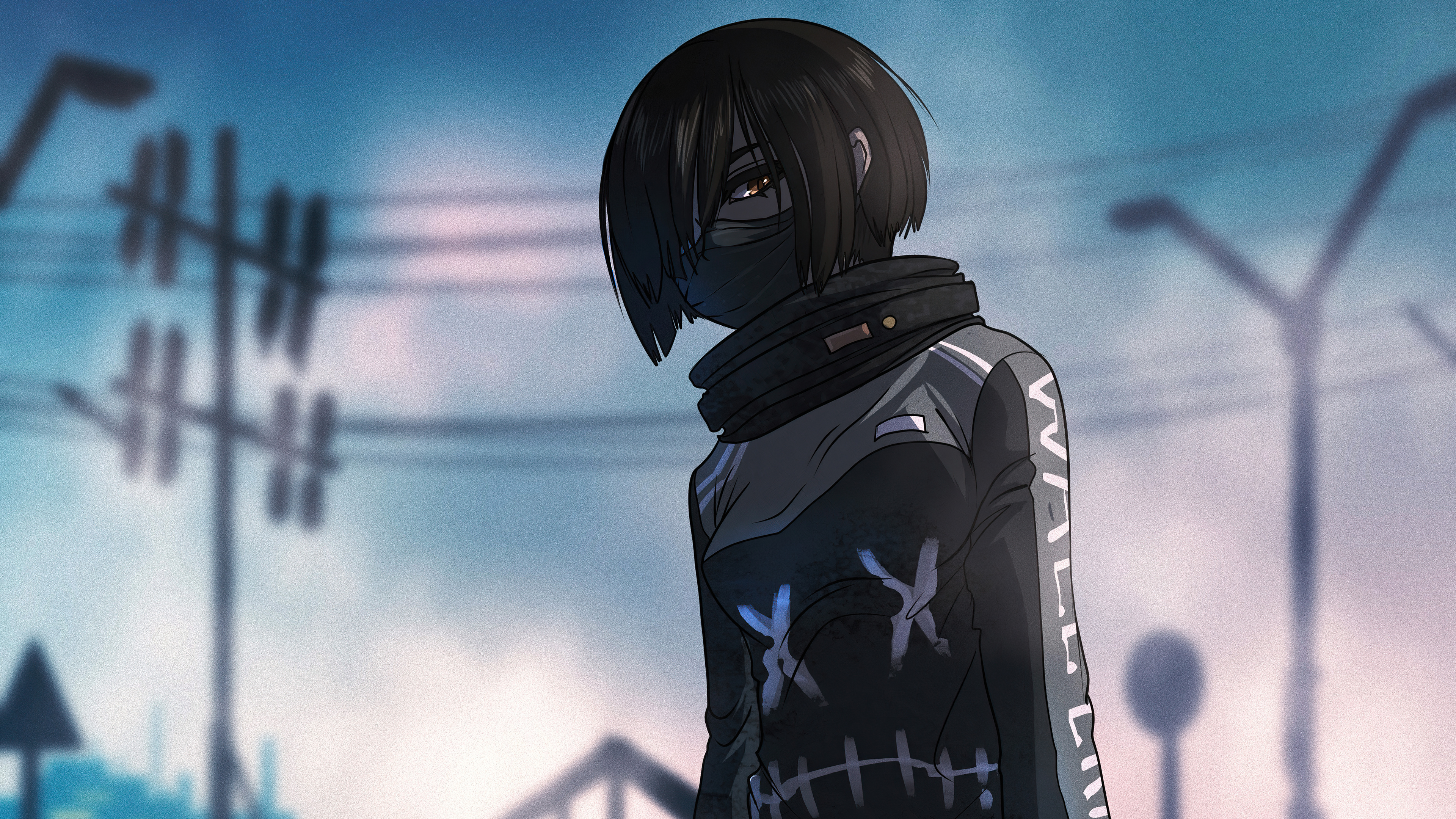 Anime girl with mask and hoodie HD Wallpaper