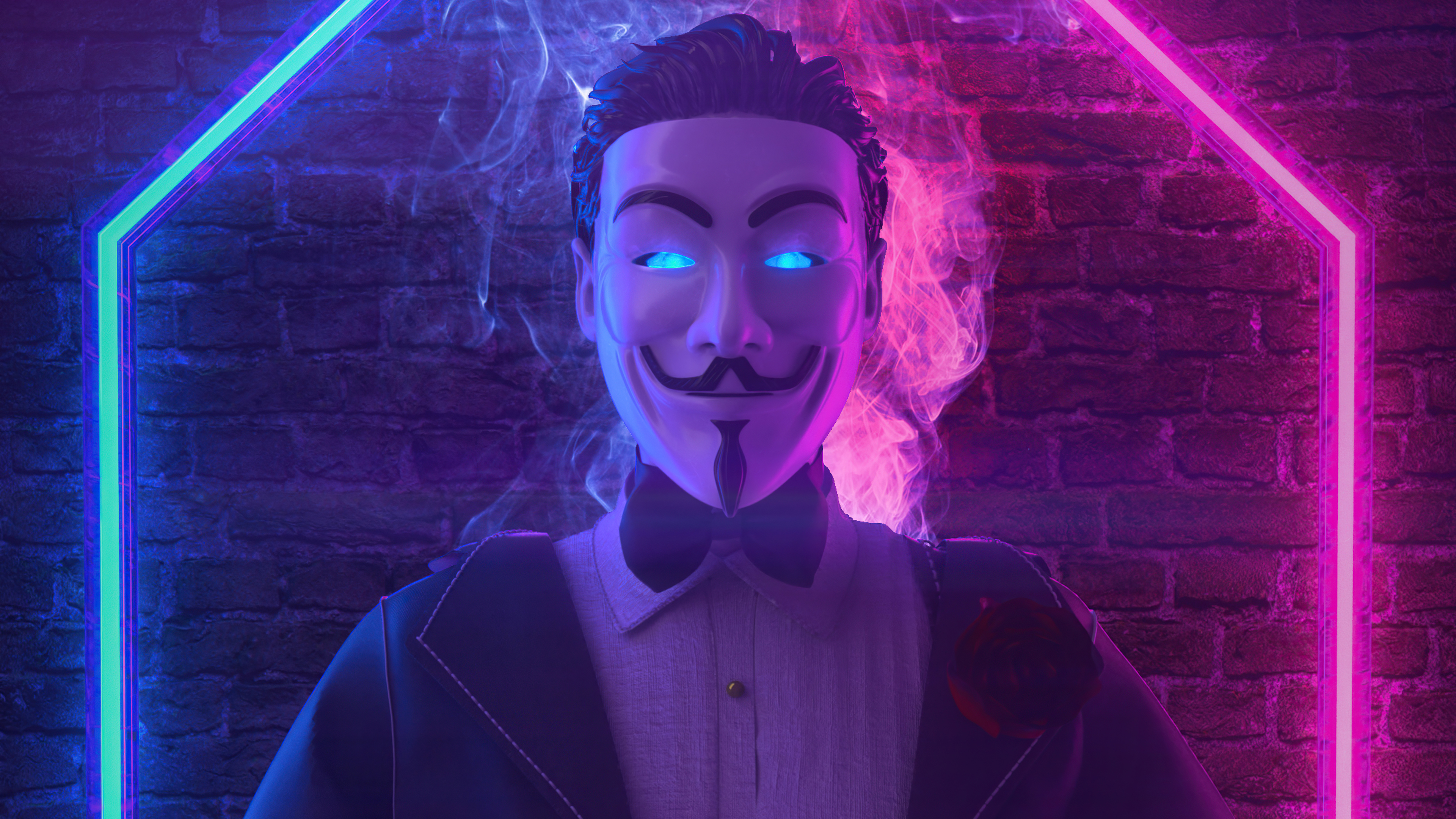 Anonymous mask artist in neon lights HD Wallpaper