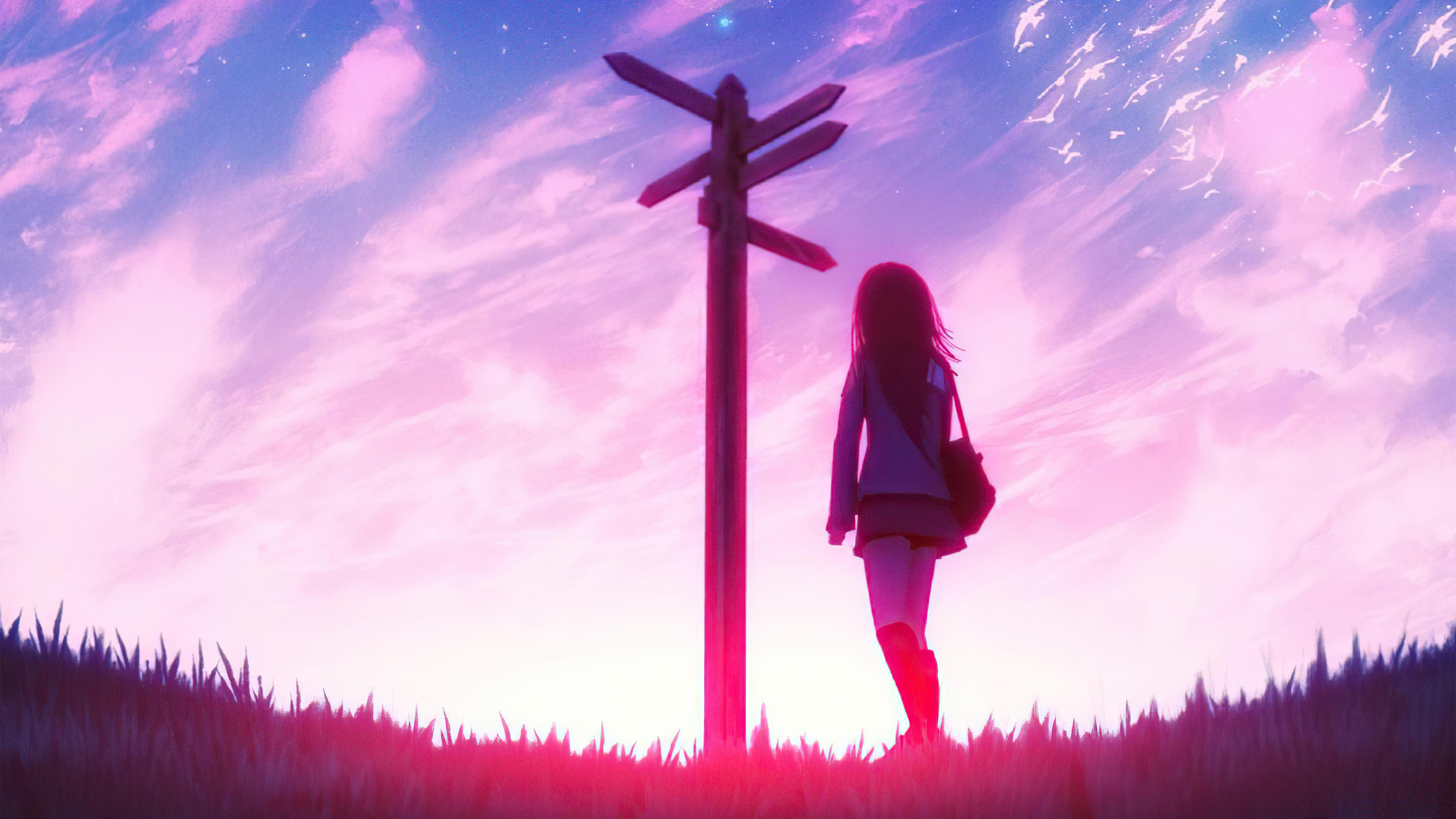 Girl at a crossroads signpost at sunset 4K HD Wallpaper