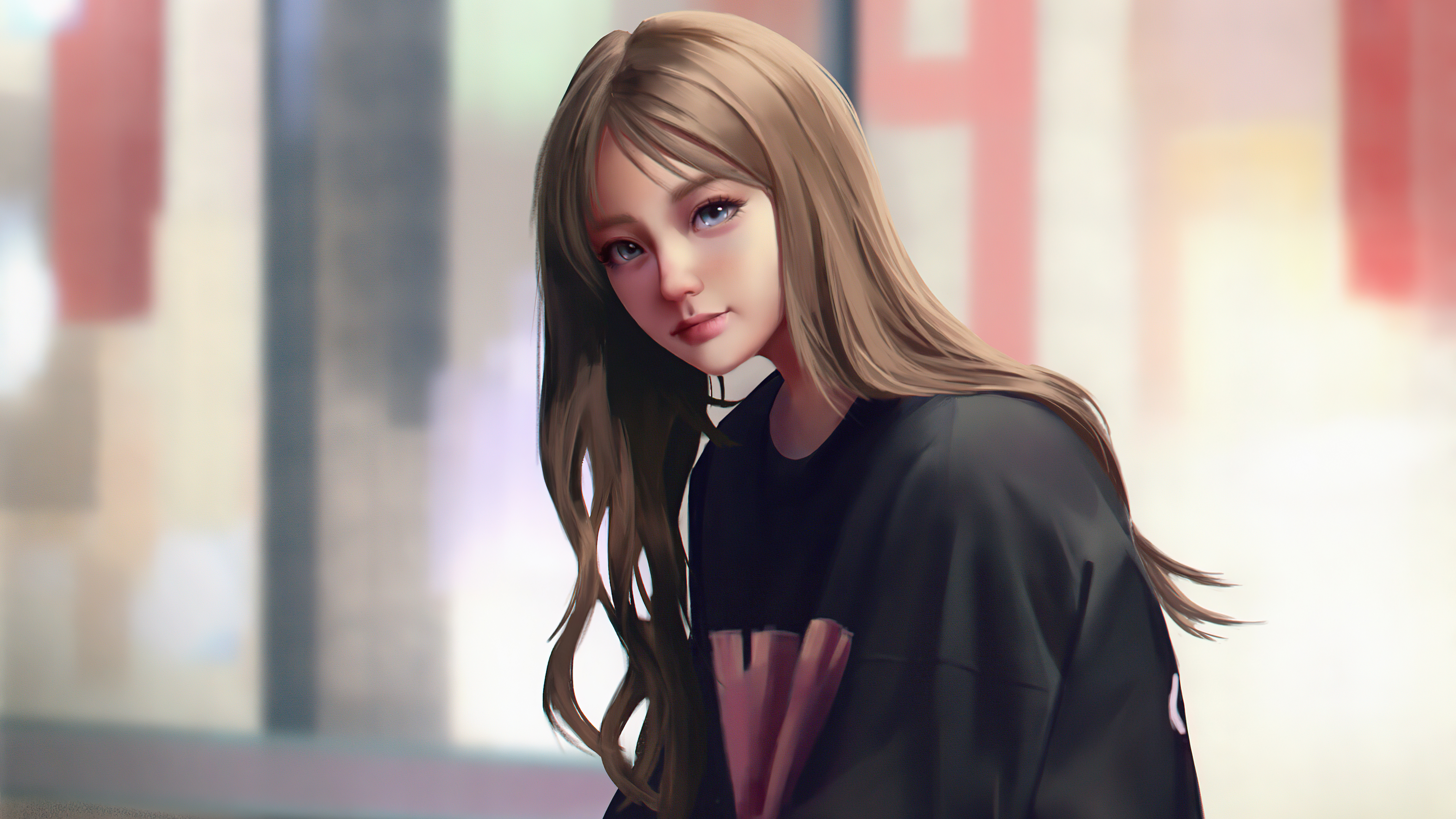Digital art of a young woman with long brown hair HD Wallpaper
