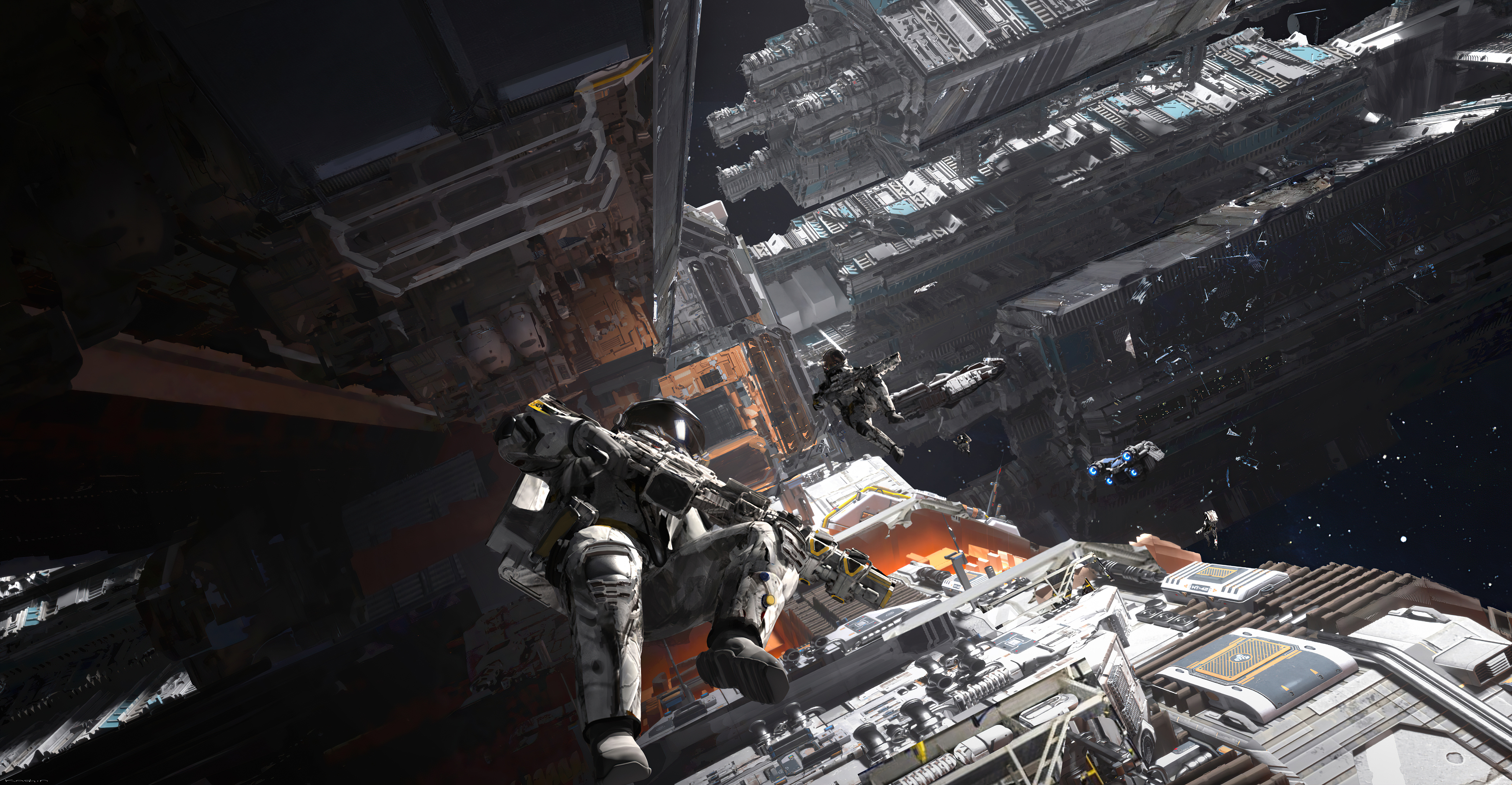 Sci-fi soldiers in a space station HD Wallpaper