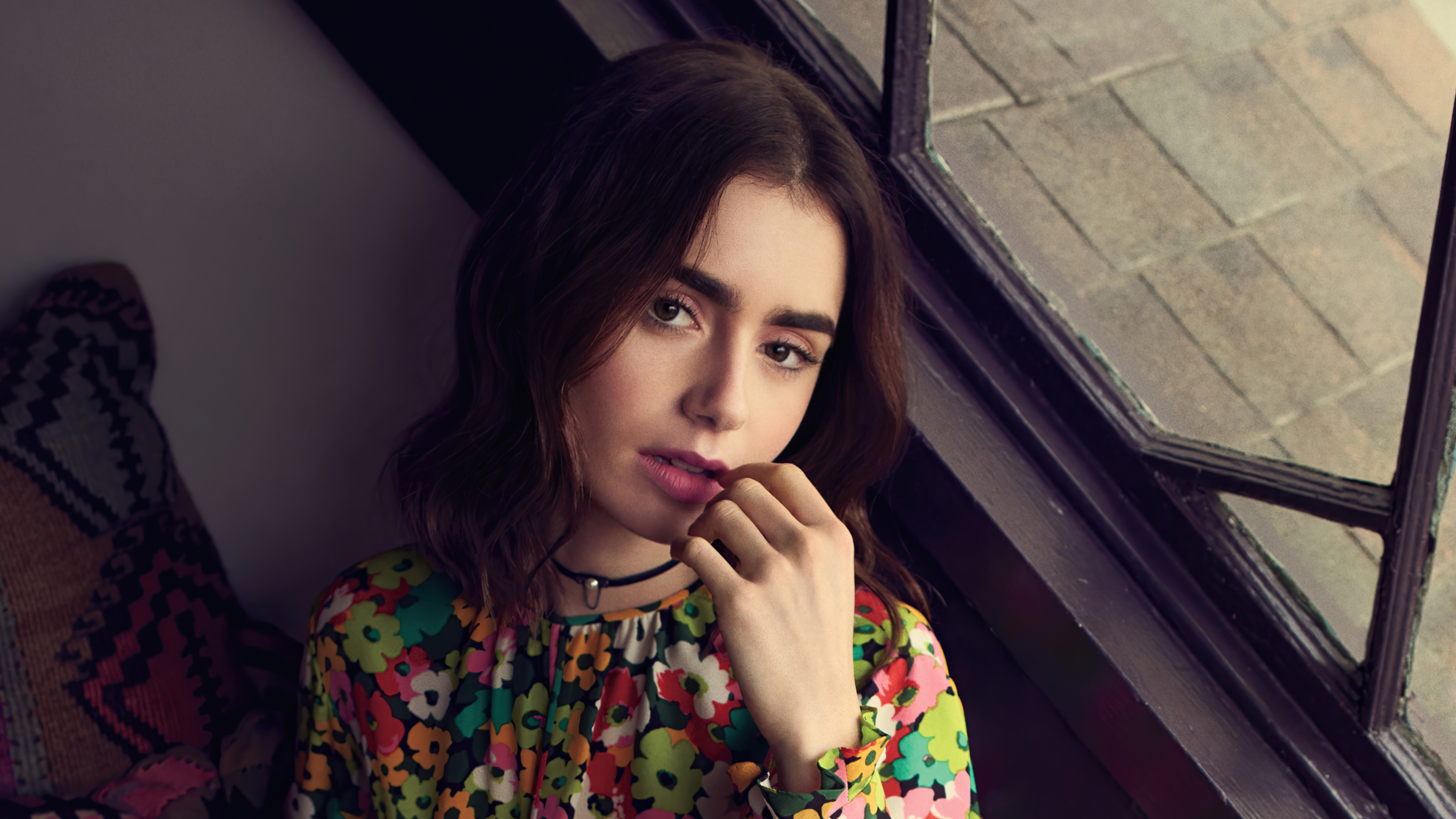 Lily Collins in a floral dress HD Wallpaper