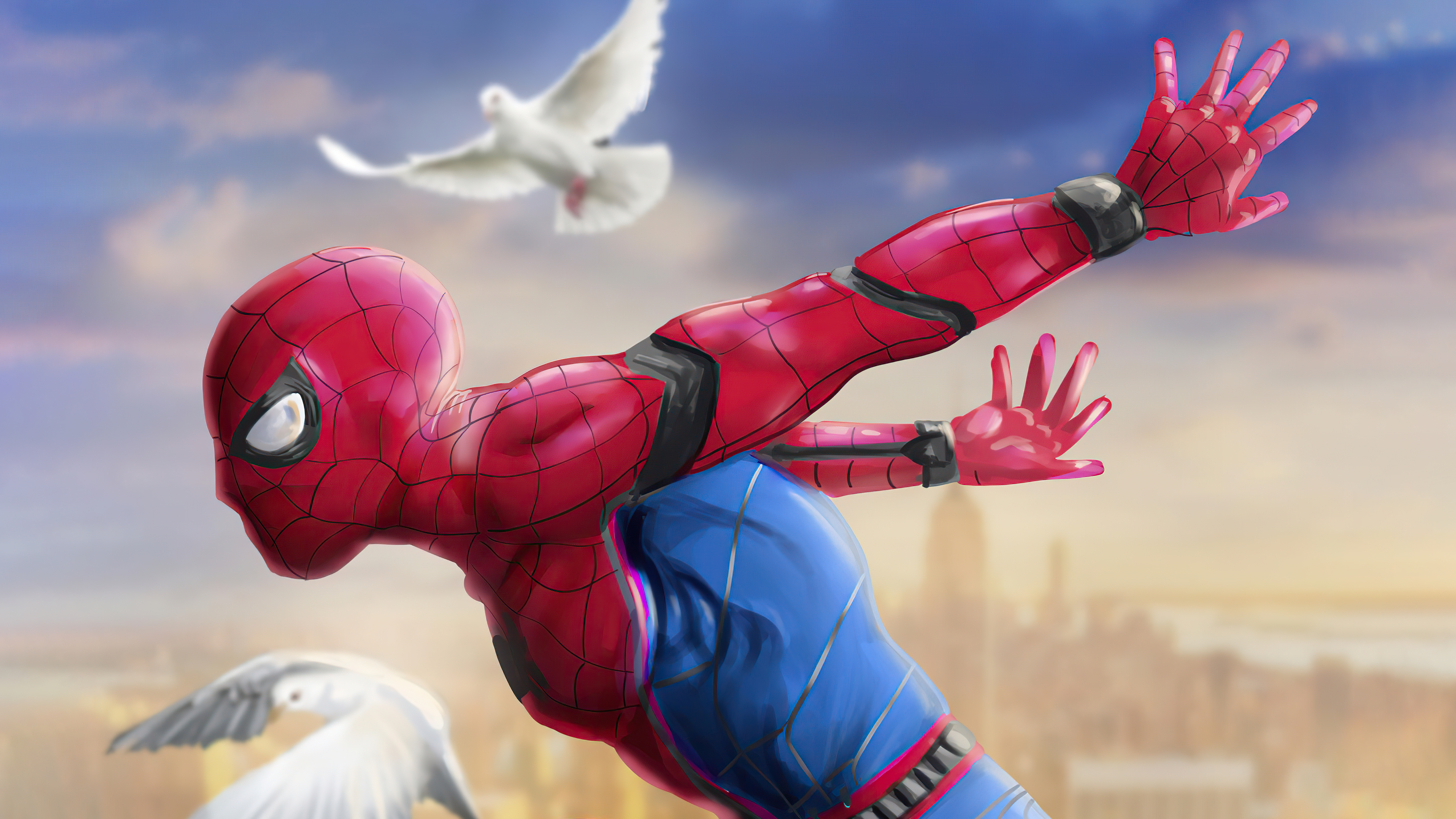 Spiderman artwork with birds and city HD Wallpaper