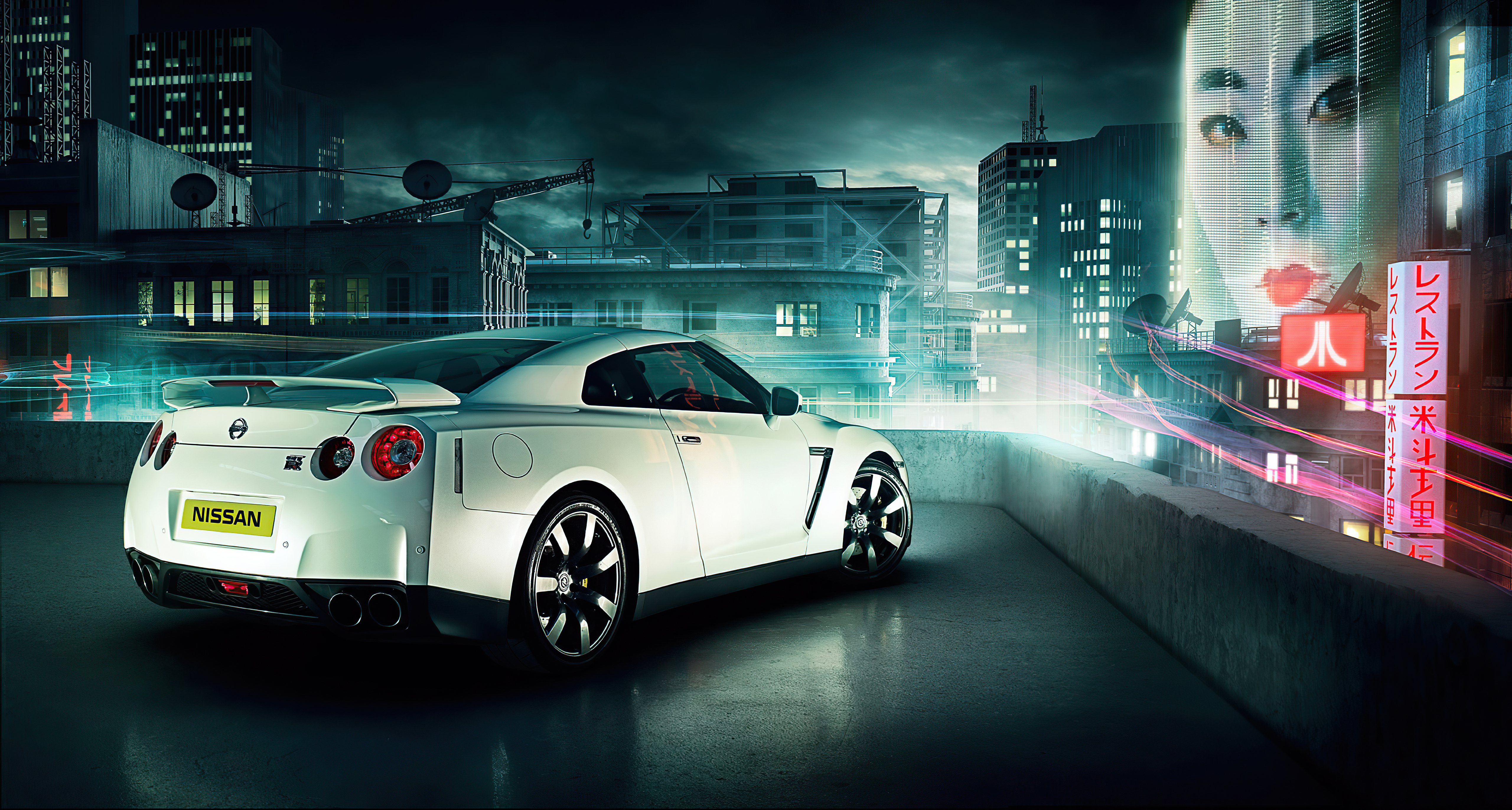 White Nissan GT-R in a futuristic city HD Wallpaper