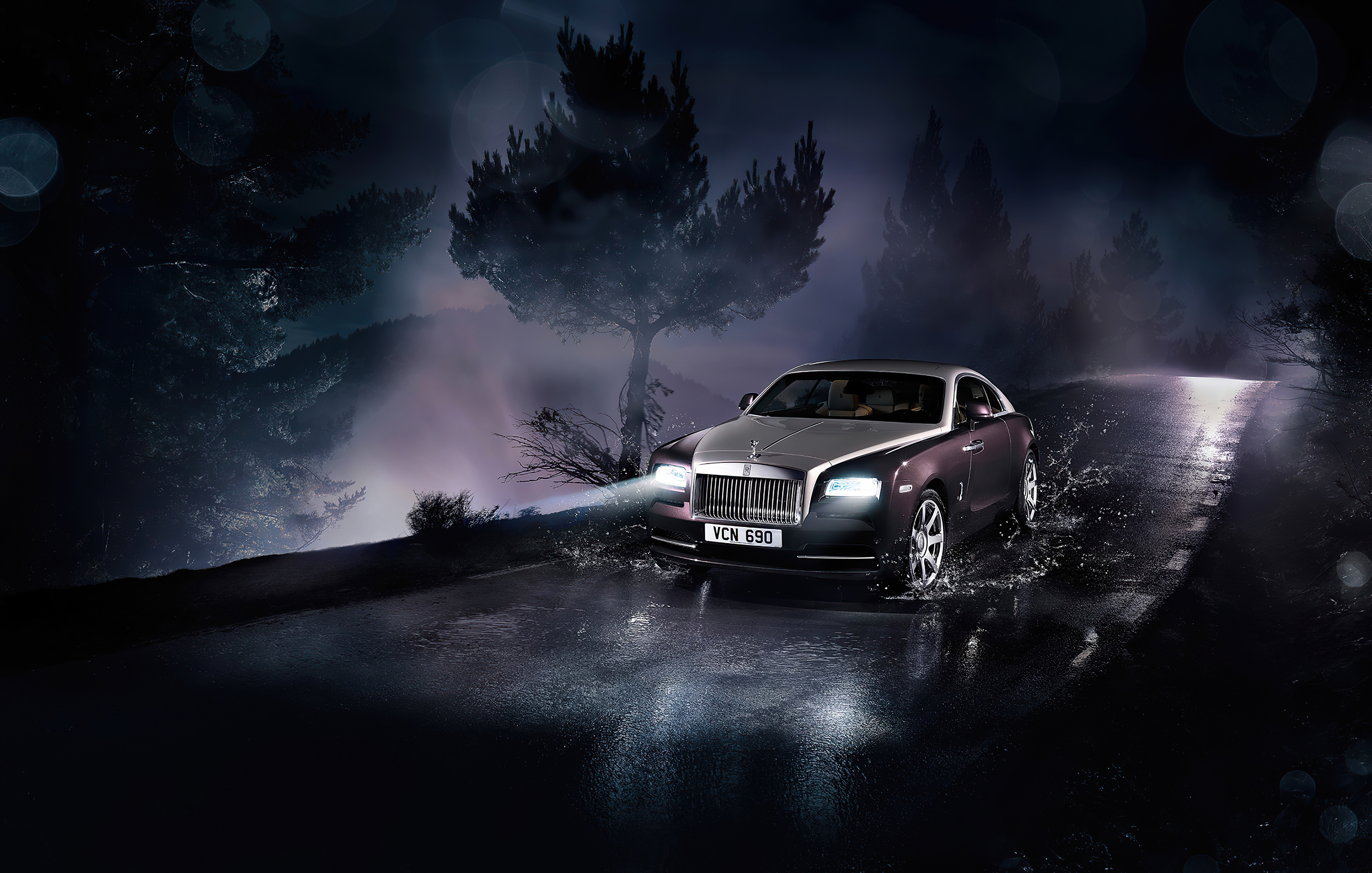 Rolls Royce Wraith driving through water at night HD Wallpaper