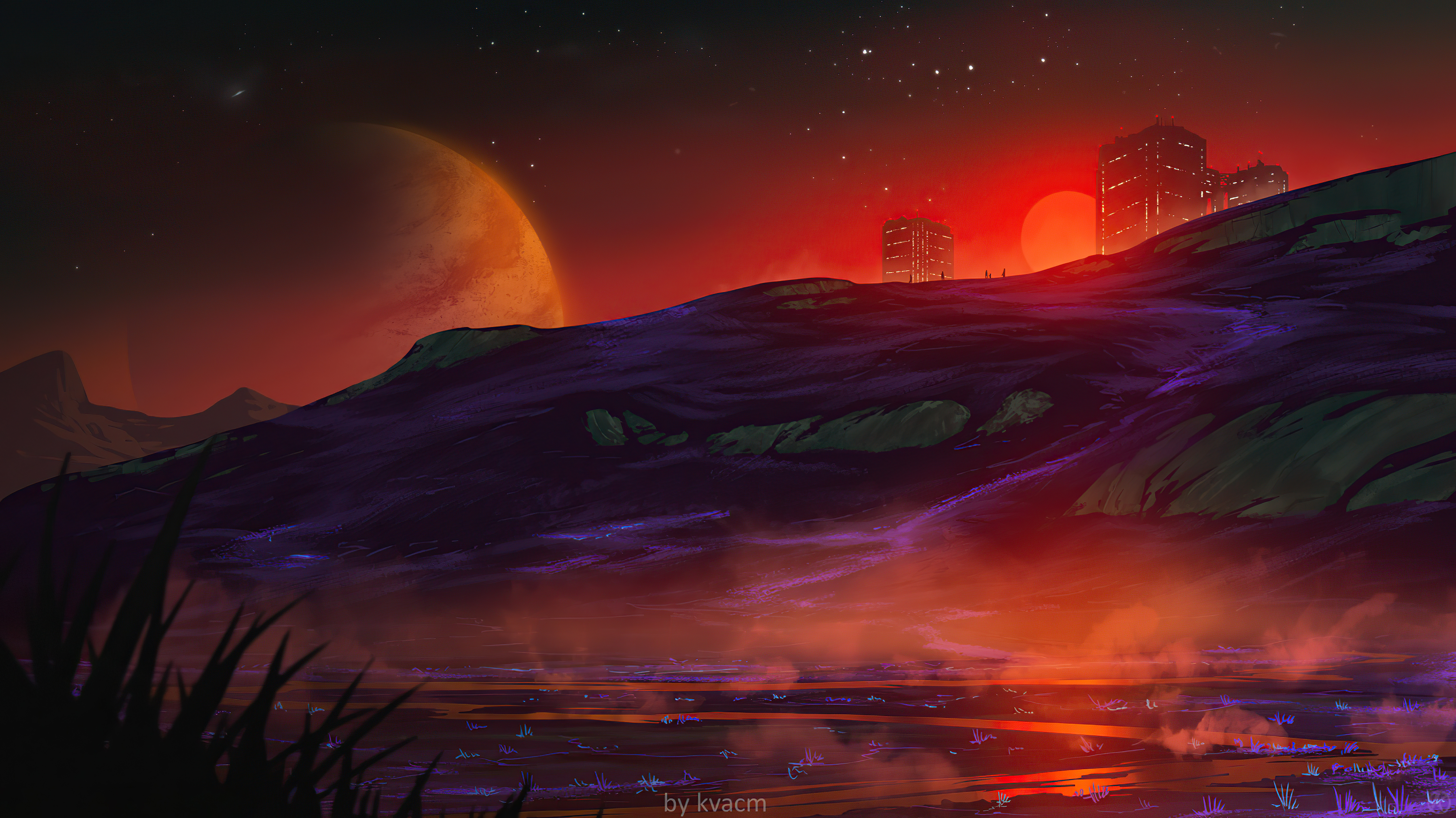Alien landscape with twin suns and futuristic city HD Wallpaper