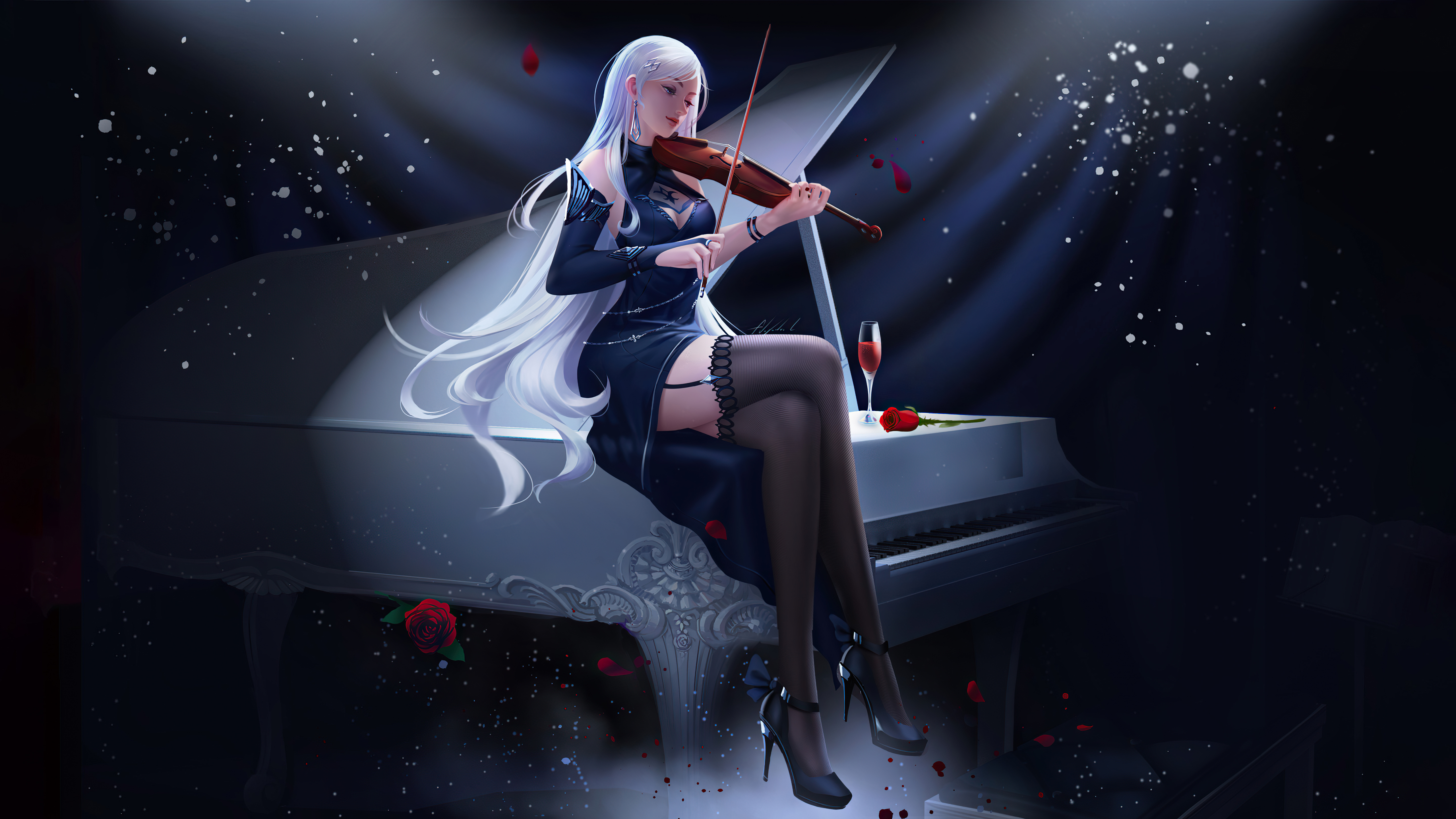 Woman playing violin on a grand piano HD Wallpaper