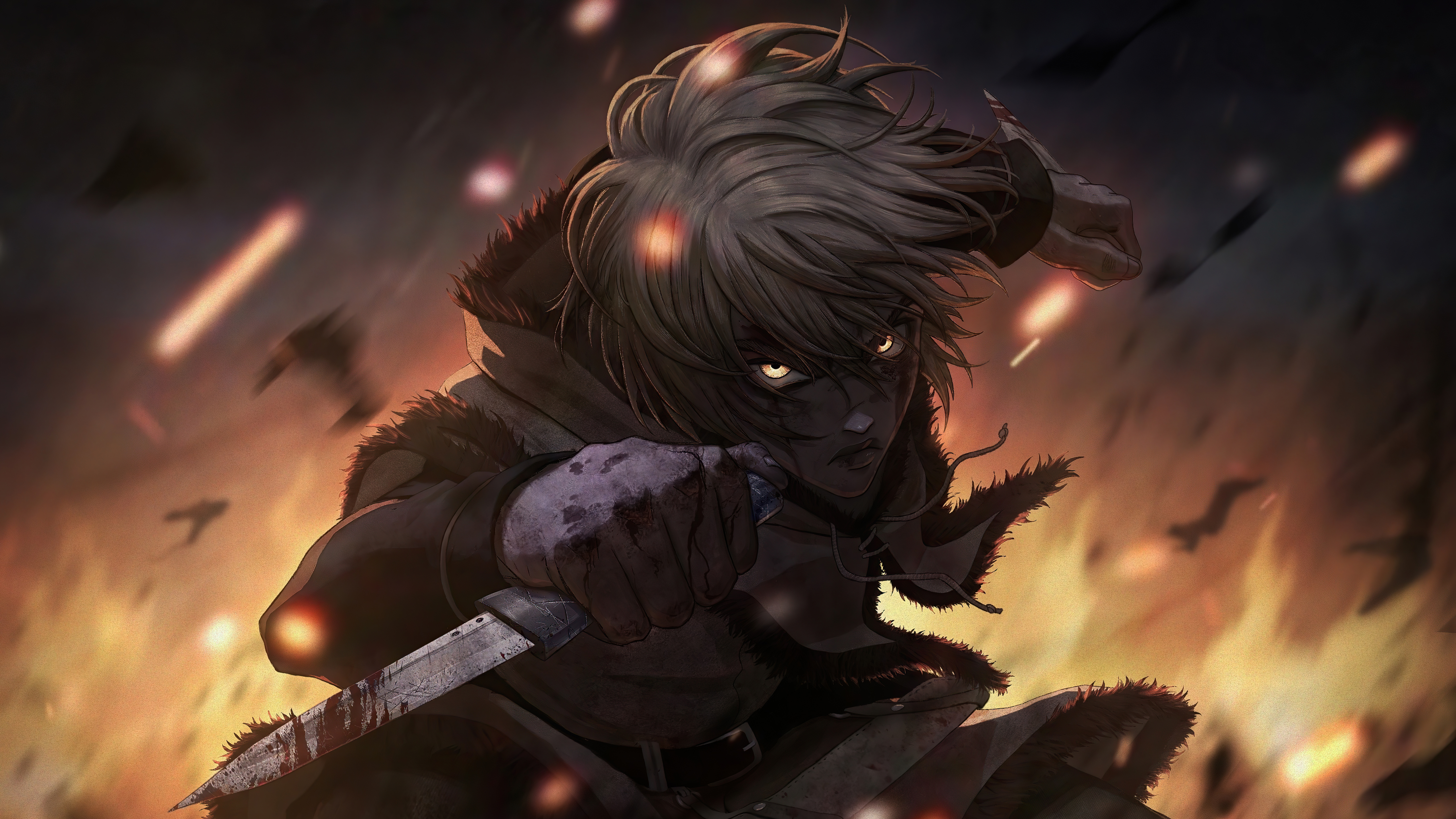 Anime boy with knife in fire HD Wallpaper