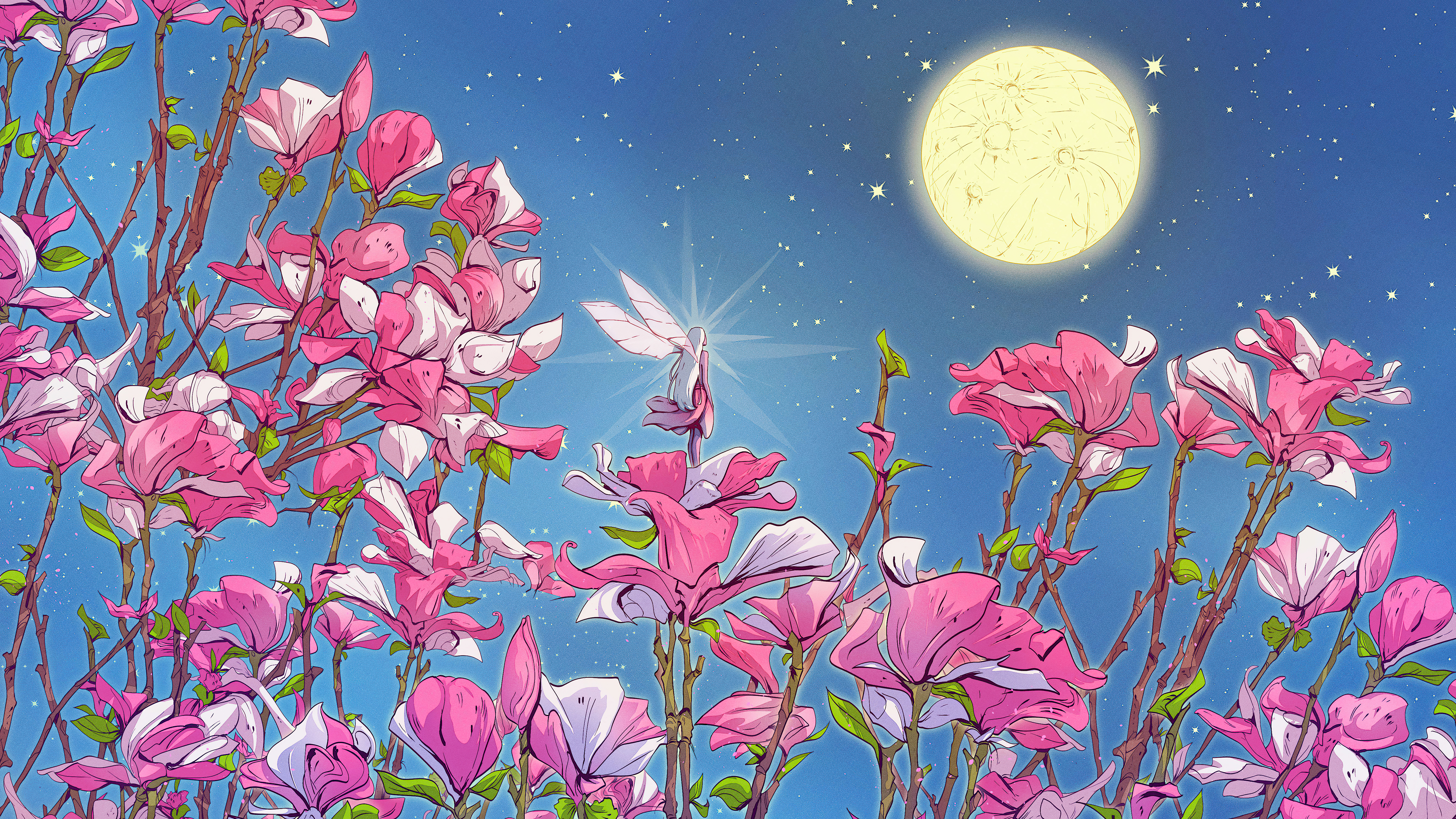 Fairy in a field of magnolias under the moon HD Wallpaper