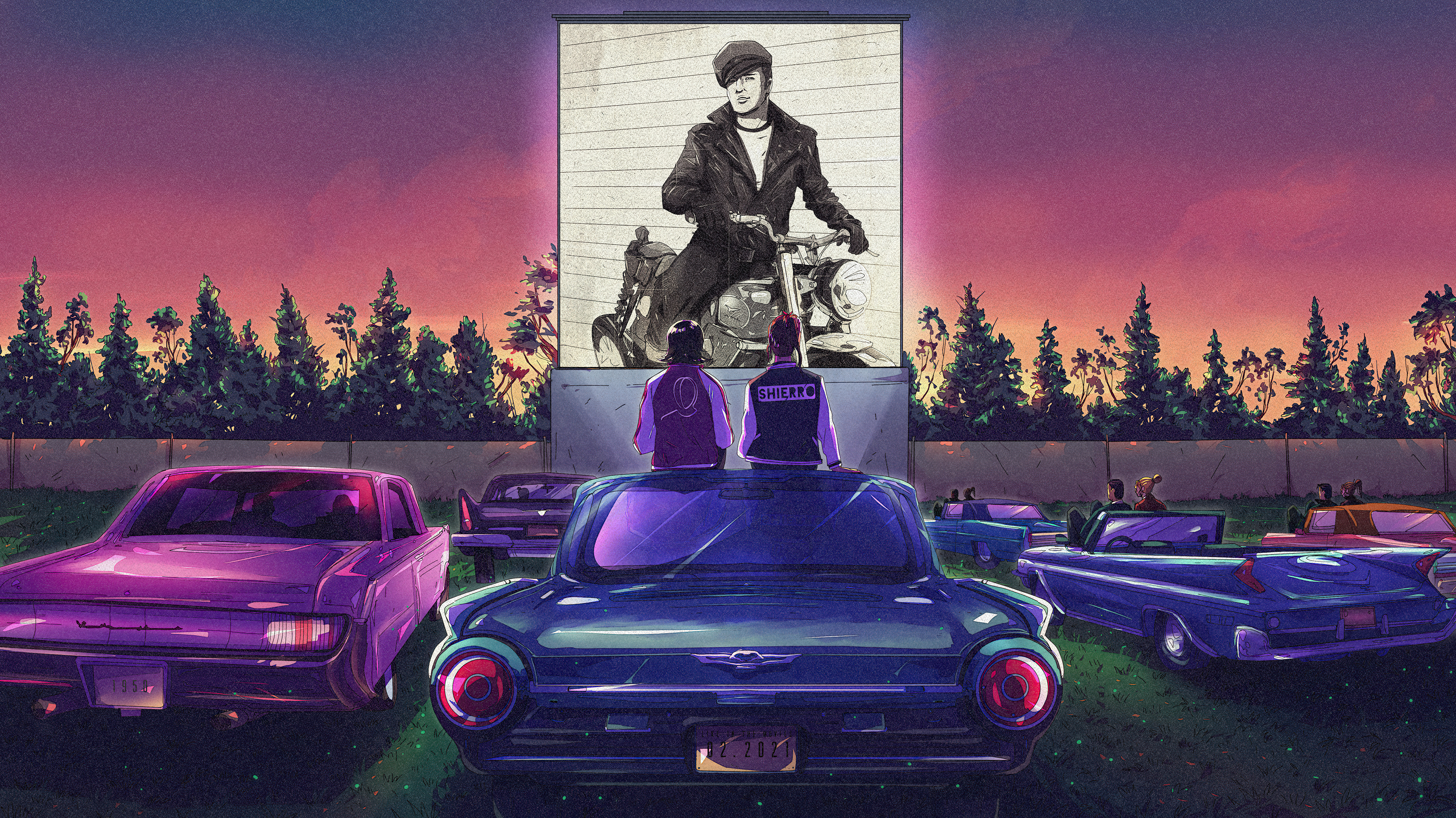 Drive-in movie theater at sunset HD Wallpaper
