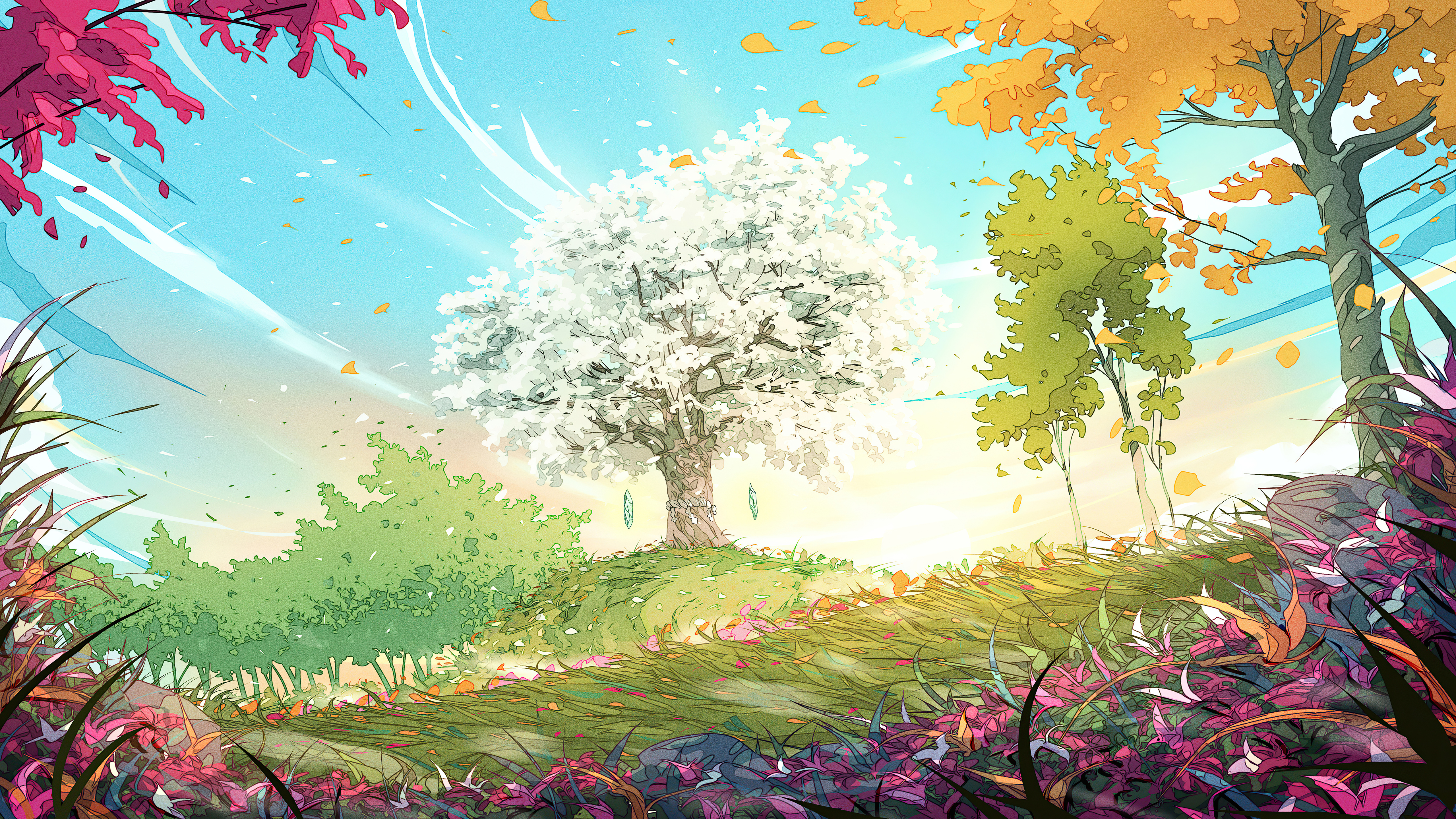 Digital art of a fantasy landscape with trees HD Wallpaper